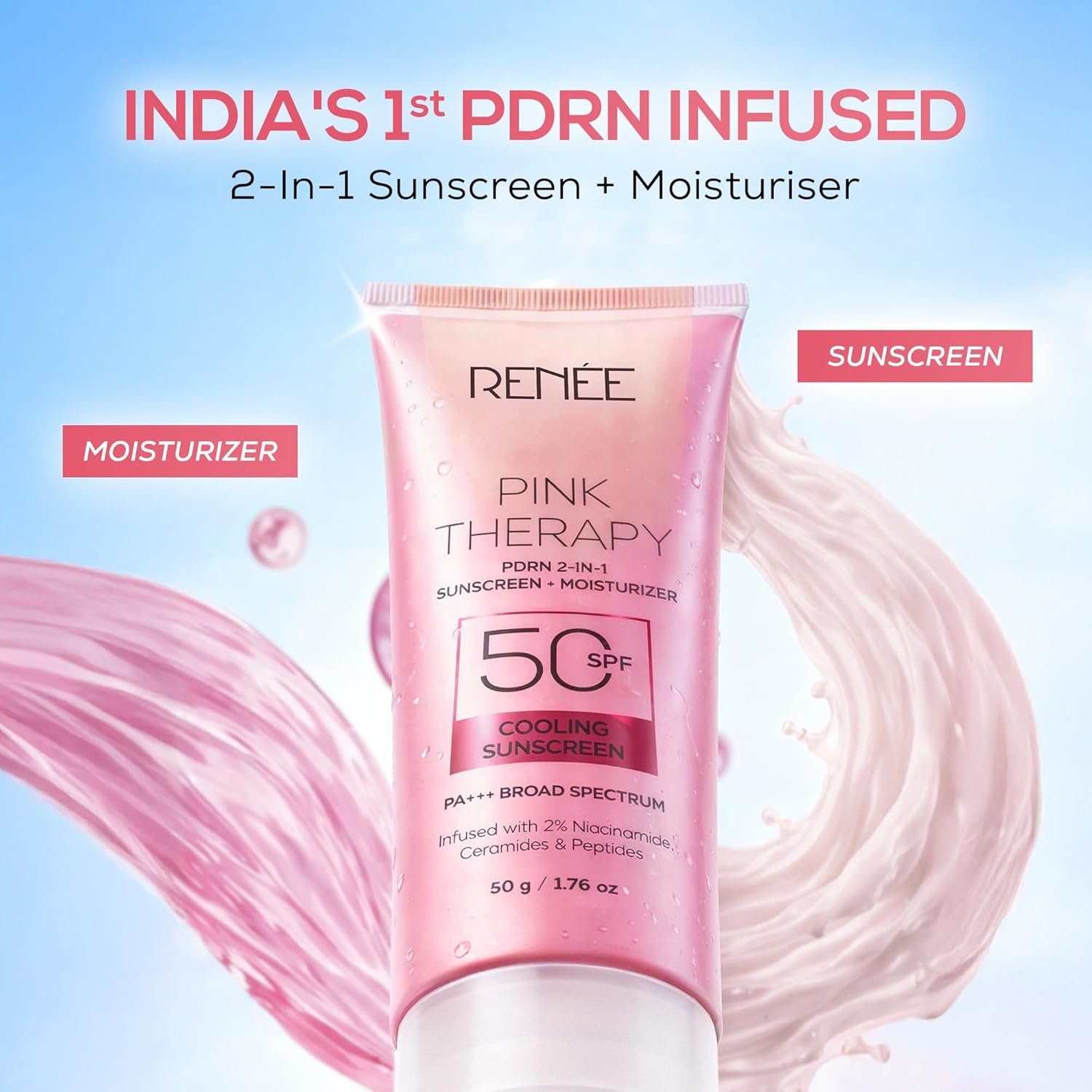 RENEE Pink Therapy PDRN 2-In-1 Sunscreen + Moisturizer SPF 50 PA+++ | In-Vivo Tested | With Niacinamide | Broad Spectrum UVA & UVB Protection | No Visble White Cast | Evens Skin Tone | 50g - View 4 of 4