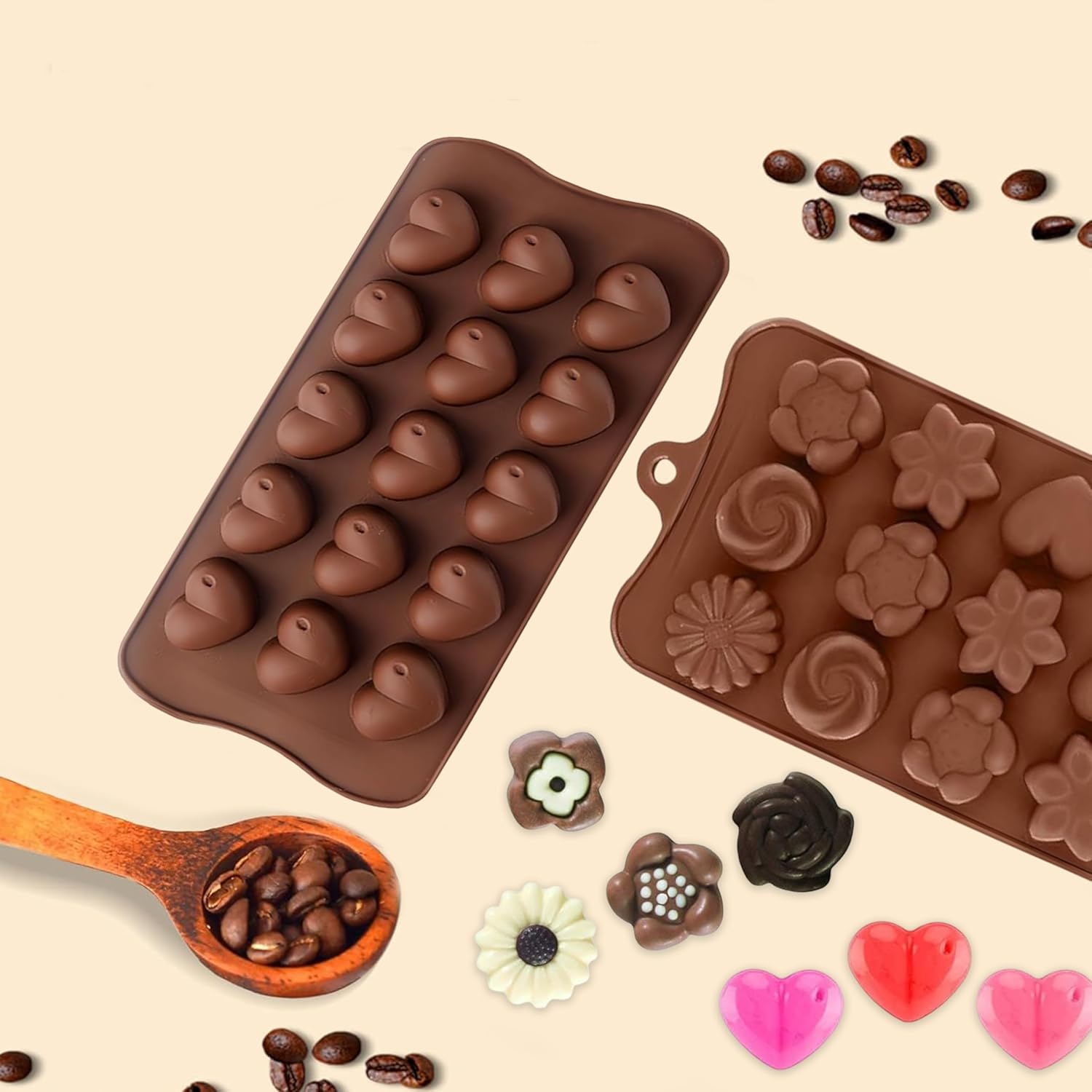 MoldBerry Silicone Chocolate Moulds Set of 2 | Heart & Flower Shape Candy Molds for Chocolate, Jelly, Gummies | Flexible, Non-Stick, Reusable Baking Trays | Mini Silicone Molds for DIY Sweets - View 2 of 7