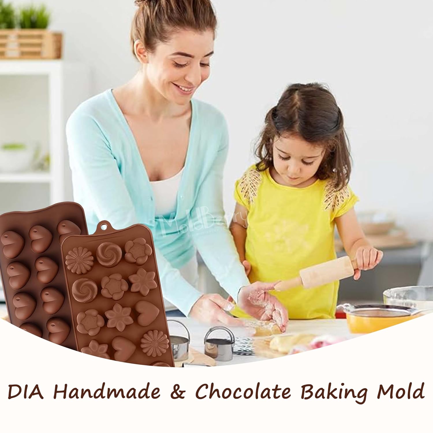 MoldBerry Silicone Chocolate Moulds Set of 2 | Heart & Flower Shape Candy Molds for Chocolate, Jelly, Gummies | Flexible, Non-Stick, Reusable Baking Trays | Mini Silicone Molds for DIY Sweets - View 4 of 7