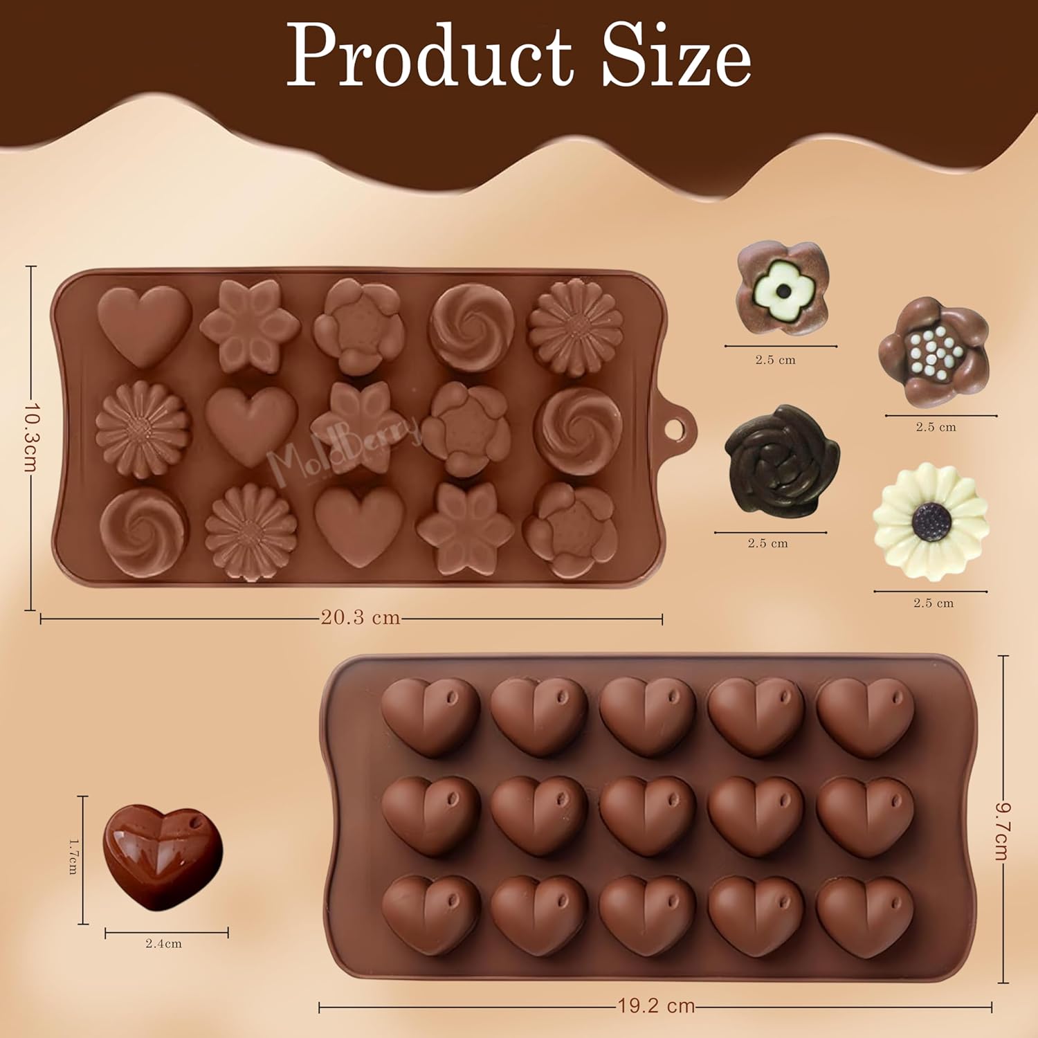 MoldBerry Silicone Chocolate Moulds Set of 2 | Heart & Flower Shape Candy Molds for Chocolate, Jelly, Gummies | Flexible, Non-Stick, Reusable Baking Trays | Mini Silicone Molds for DIY Sweets - View 7 of 7
