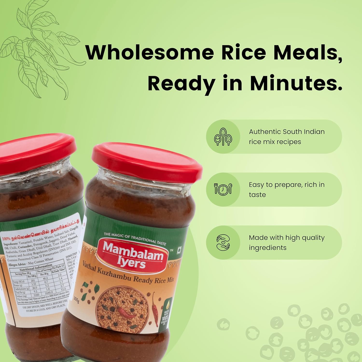 Vathal Kuzhambu Ready Rice Mix - 300g Glass bottle | South Indian Rice mixes made with 100% Gingelly Oil | Vathakuzhambu mix - View 2 of 5