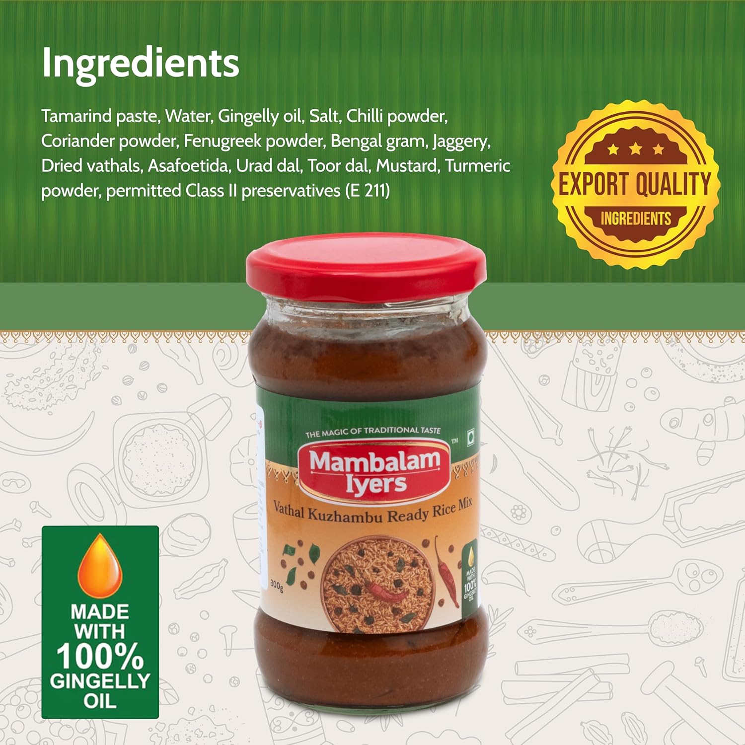 Vathal Kuzhambu Ready Rice Mix - 300g Glass bottle | South Indian Rice mixes made with 100% Gingelly Oil | Vathakuzhambu mix - View 3 of 5