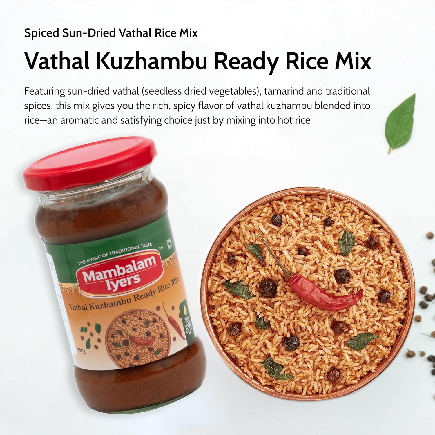 Vathal Kuzhambu Ready Rice Mix - 300g Glass bottle | South Indian Rice mixes made with 100% Gingelly Oil | Vathakuzhambu mix - View 4 of 5