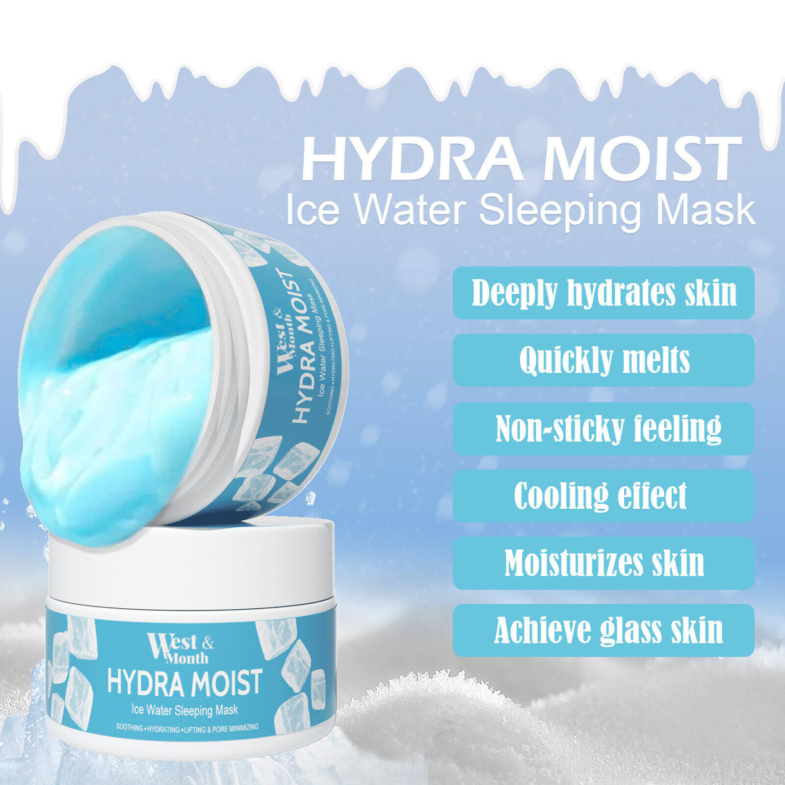 West Month Hydra Moist Ice Water Sleeping Mask Night Repair Hydrating Whitening Facial Mask Deep Moisturizing Skin Rejuvenating Overnight Care for Smooth Bright Clear Healthy Glowing Skin - View 2 of 3