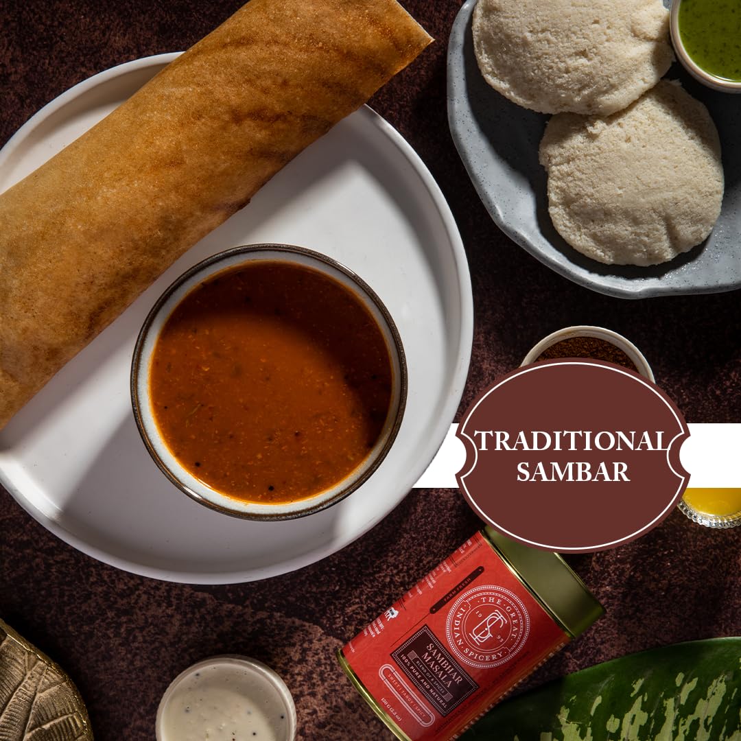 The Great Indian Spicery | Sambhar Masala - 100gm Tin | Steam Sterilisation, Farm Fresh, Authentic Blend of 8 Spices, Non-Adulterated | Sweet, Tangy & Spicy Flavor | Traditional South Indian Sambhar - View 3 of 4