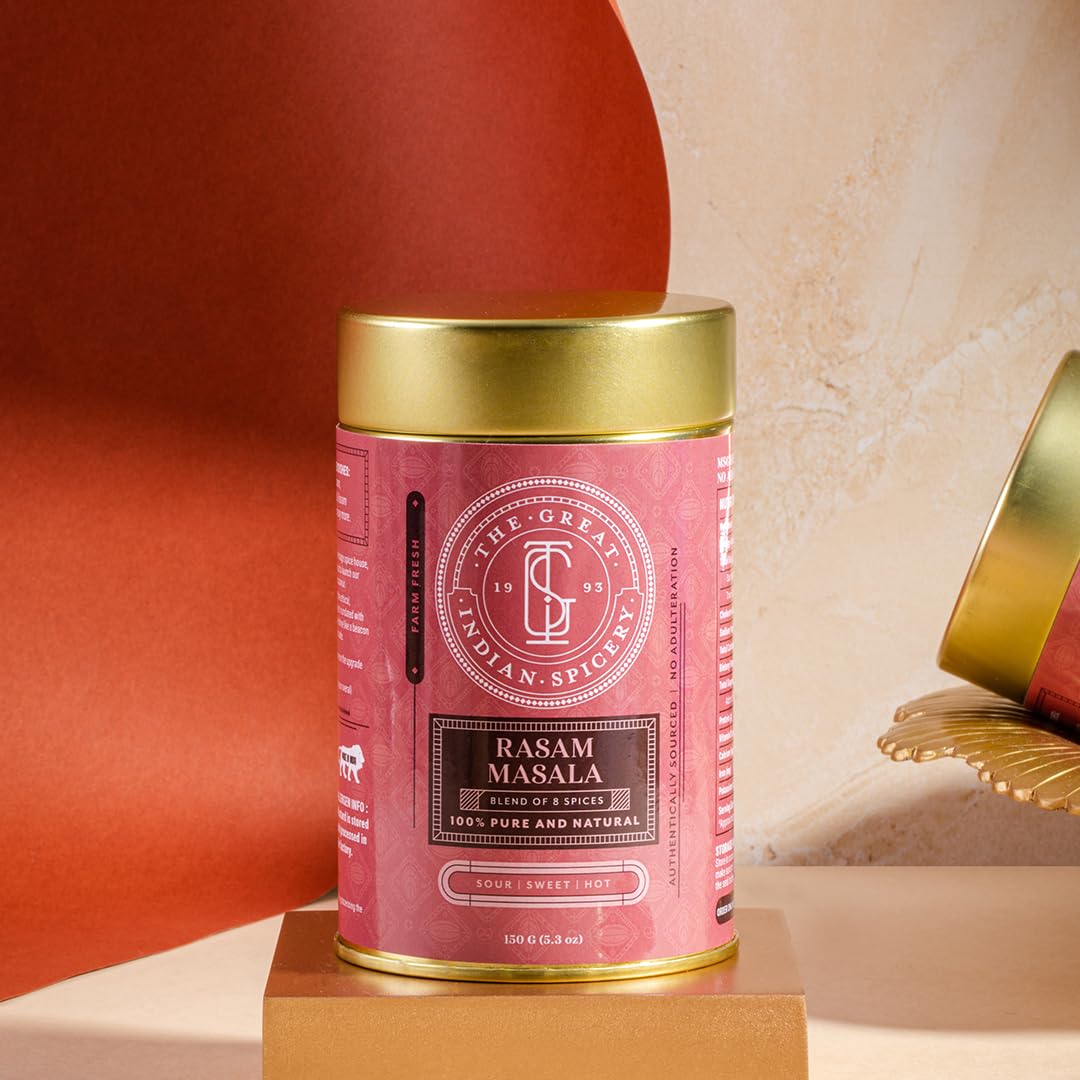 The Great Indian Spicery | Rasam Masala - 100gm Tin | Steam Sterilisation, Farm Fresh, Authentic 8 Spices Blend, Non-Adulterated, No Preservative | Sour, Sweet & Savory | Perfect for Traditional Rasam - View 2 of 5