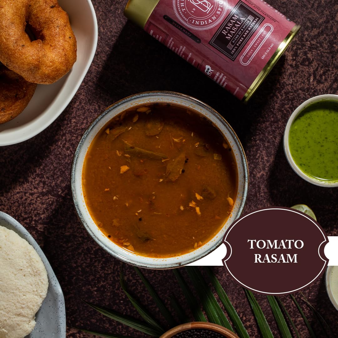 The Great Indian Spicery | Rasam Masala - 100gm Tin | Steam Sterilisation, Farm Fresh, Authentic 8 Spices Blend, Non-Adulterated, No Preservative | Sour, Sweet & Savory | Perfect for Traditional Rasam - View 3 of 5