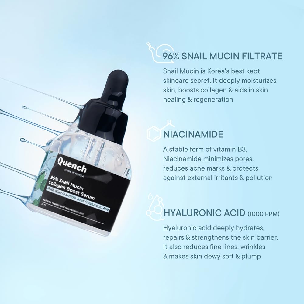 Quench 96% Snail Mucin Collagen Boost Serum With Niacinamide & Hyaluronic Acid |72 Hours Hydration|Formulated & Made In Korea | Dewy Soft & Plump Skin | Prevents Early Signs Of Ageing (30Ml) - View 3 of 5