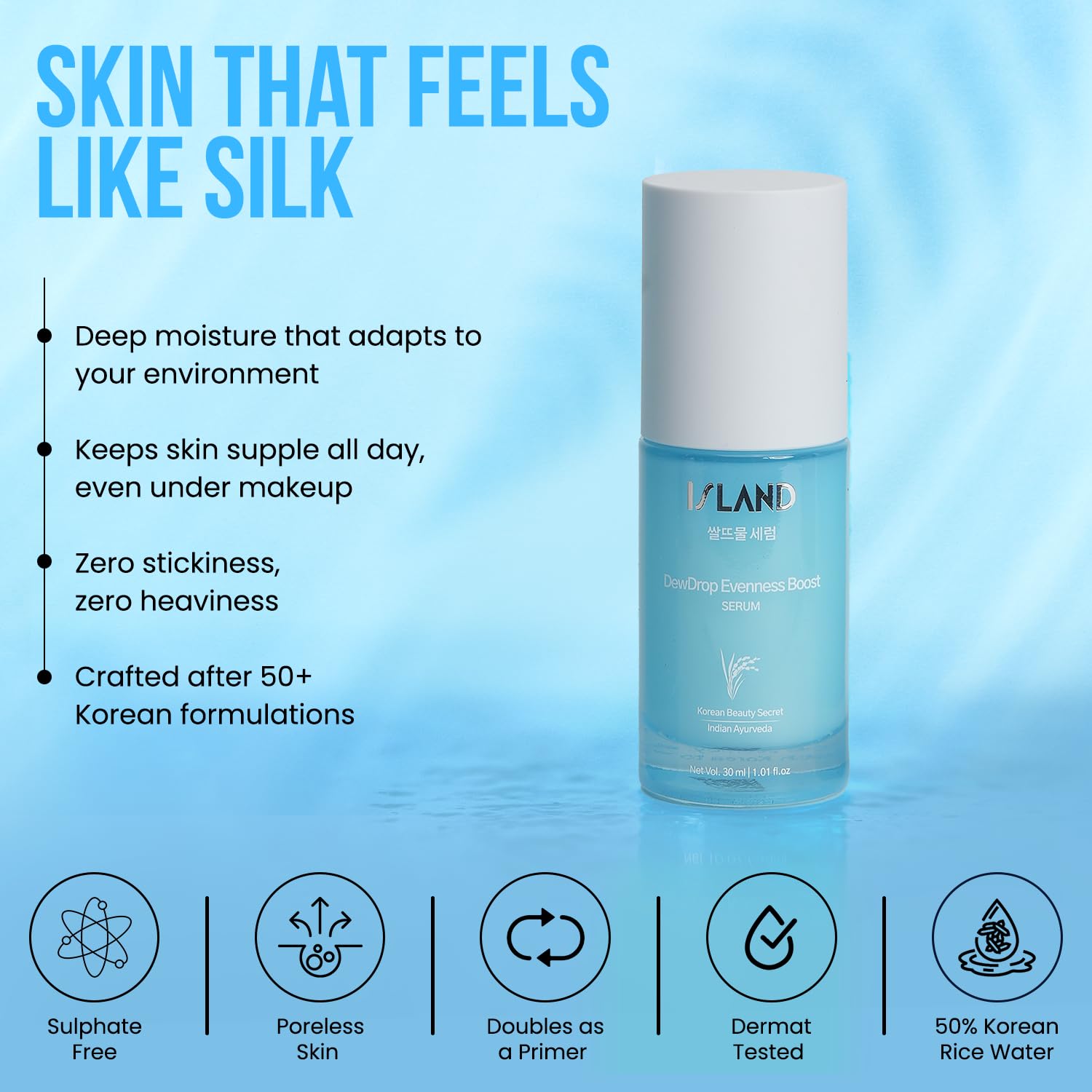ISLAND Dewdrop Korean Rice Water Brightening Serum | Evenness Boost with 50% Rice Water, 2% Niacinamide, 2% Turmeric | Fades Dark Spots & Pigmentation | Hydrating Glass Skin for All Skin Types | 30ml - View 3 of 4
