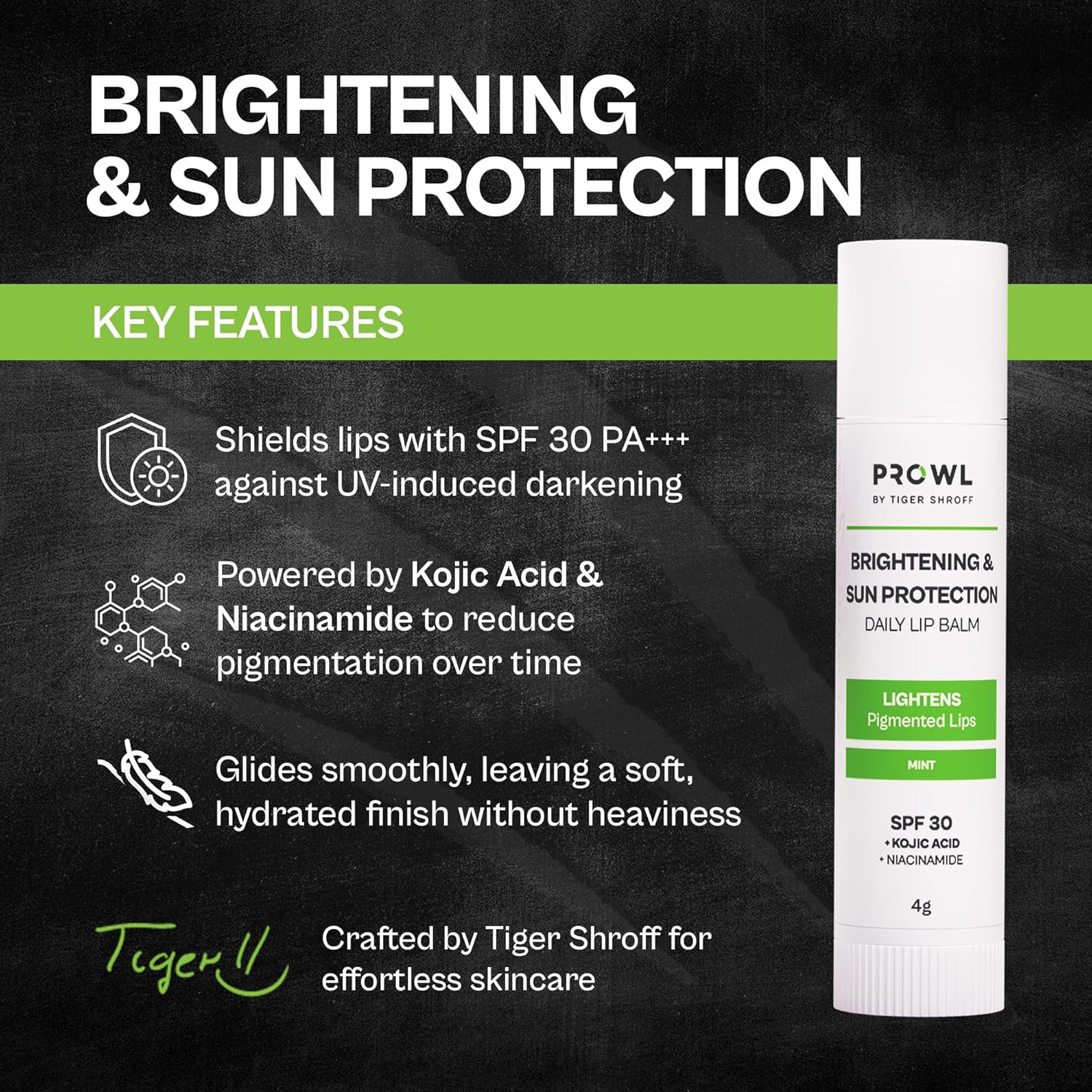 PROWL by Tiger Shroff Lipbalm For Men Brightening Dark Lips with Kojic Acid & Niacinamide | SPF 30 PA+++ Daily Lip Balm For Lightening Pigmented Dry Lips | Pigmentation Removal Care | Mint, 4g - View 3 of 5