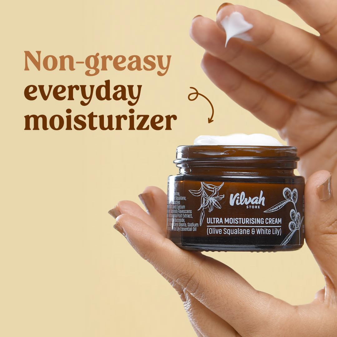 Vilvah Ultra Moisturising Cream for Face | Lightweight, Non-Greasy Moisturiser | Hydration & Skin Barrier Repair| With Olive Squalane, White Lily & Goji Berry | For All Indian Skin Types | 50g - View 2 of 5