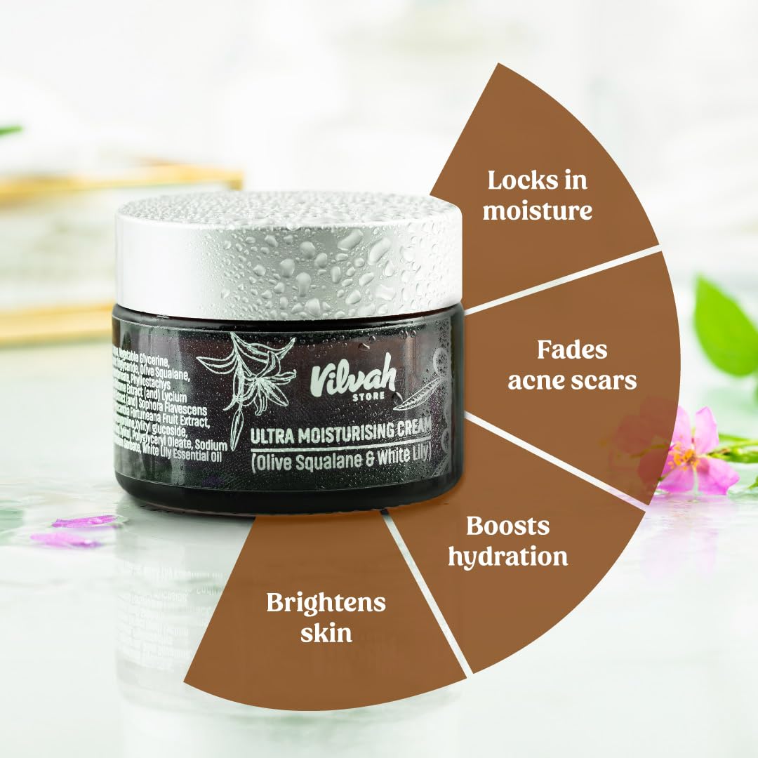 Vilvah Ultra Moisturising Cream for Face | Lightweight, Non-Greasy Moisturiser | Hydration & Skin Barrier Repair| With Olive Squalane, White Lily & Goji Berry | For All Indian Skin Types | 50g - View 3 of 5