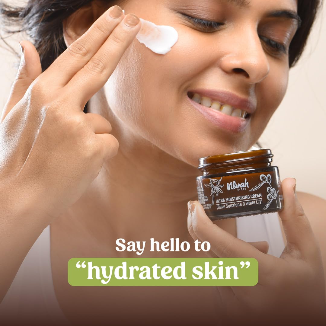 Vilvah Ultra Moisturising Cream for Face | Lightweight, Non-Greasy Moisturiser | Hydration & Skin Barrier Repair| With Olive Squalane, White Lily & Goji Berry | For All Indian Skin Types | 50g - View 5 of 5