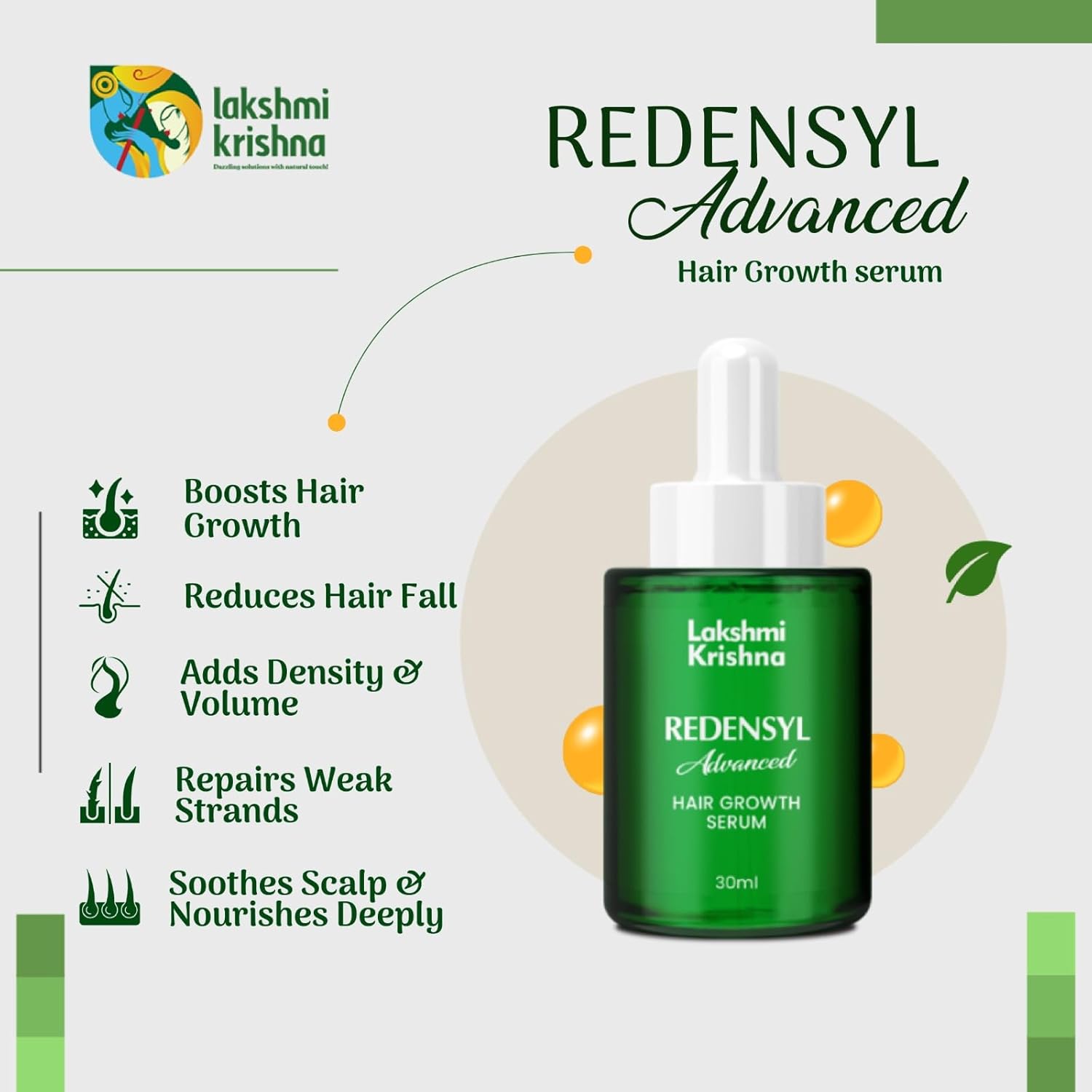 Lakshmi Krishna Naturals Advanced Hair Growth Serum 30 ml with Redensyl 3%, Anagain 4%, Baicapil 2% & Caffeine – Plant Based Serum to Stimulate Hair Regrowth, Support Hair Density & Scalp Care for Men & Women - View 2 of 6