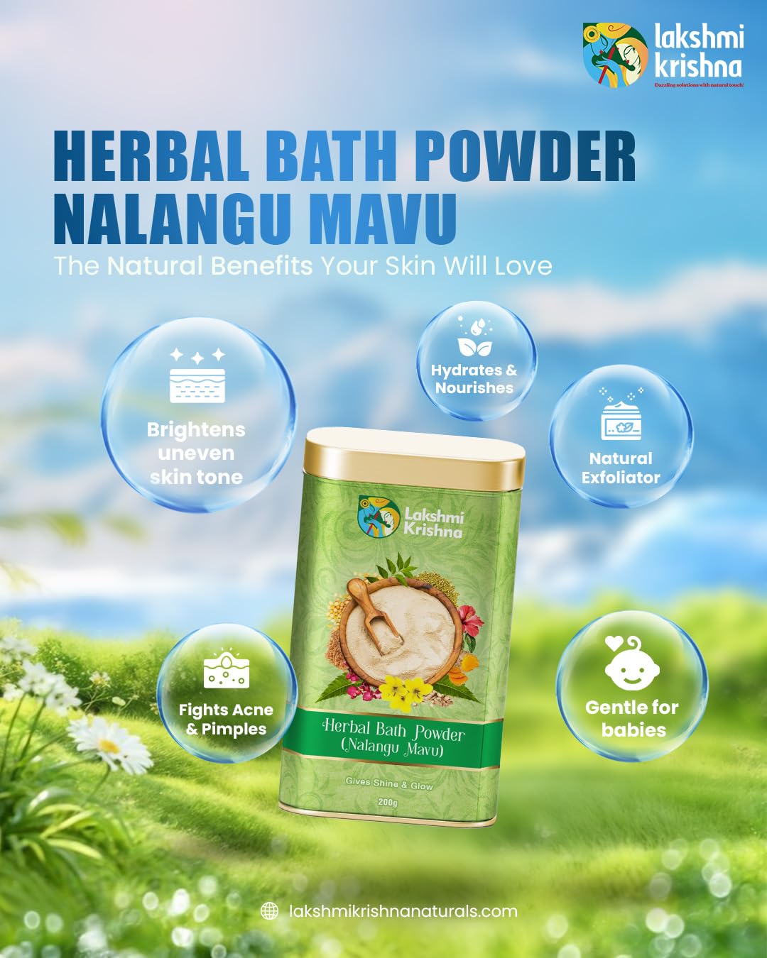 Lakshmi Krishna Nalangu maavu 200g || Traditional Herbal Powder|| Gives shine & Glow | Natural Skin Care & Cleansing Powder | Brightens, Exfoliates & Nourishes Skin | Ayurvedic Beauty Ritual" - View 4 of 5