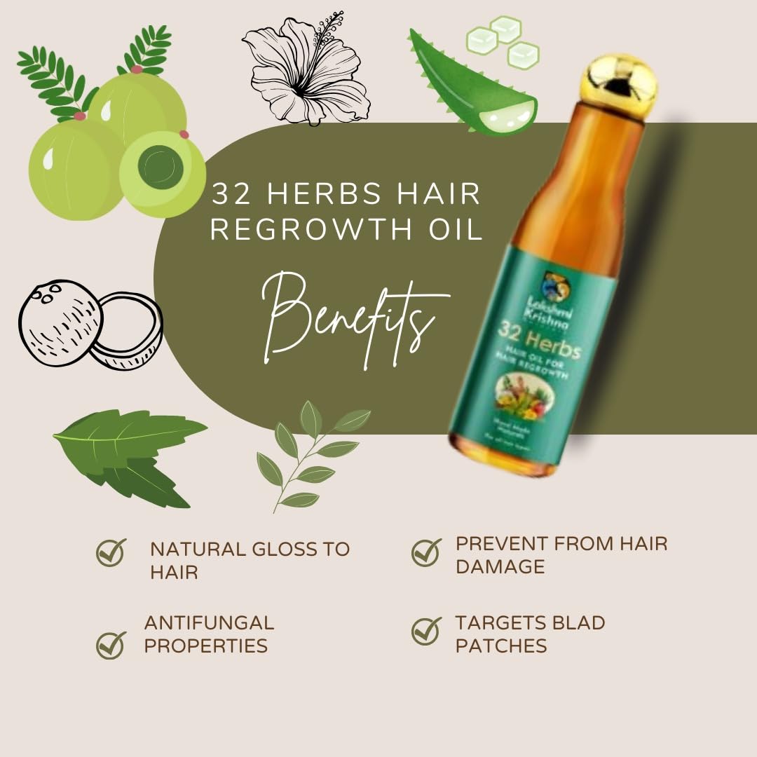LAKSHMI KRISHNA NATURALS 32 Herbs Hair growth Oil 200ml | Natural Oil Blend for Stronger, Thicker Hair | Promotes Hair Growth & Reduces Hair Fall | Enriched with Ayurvedic Herbs" - View 2 of 5
