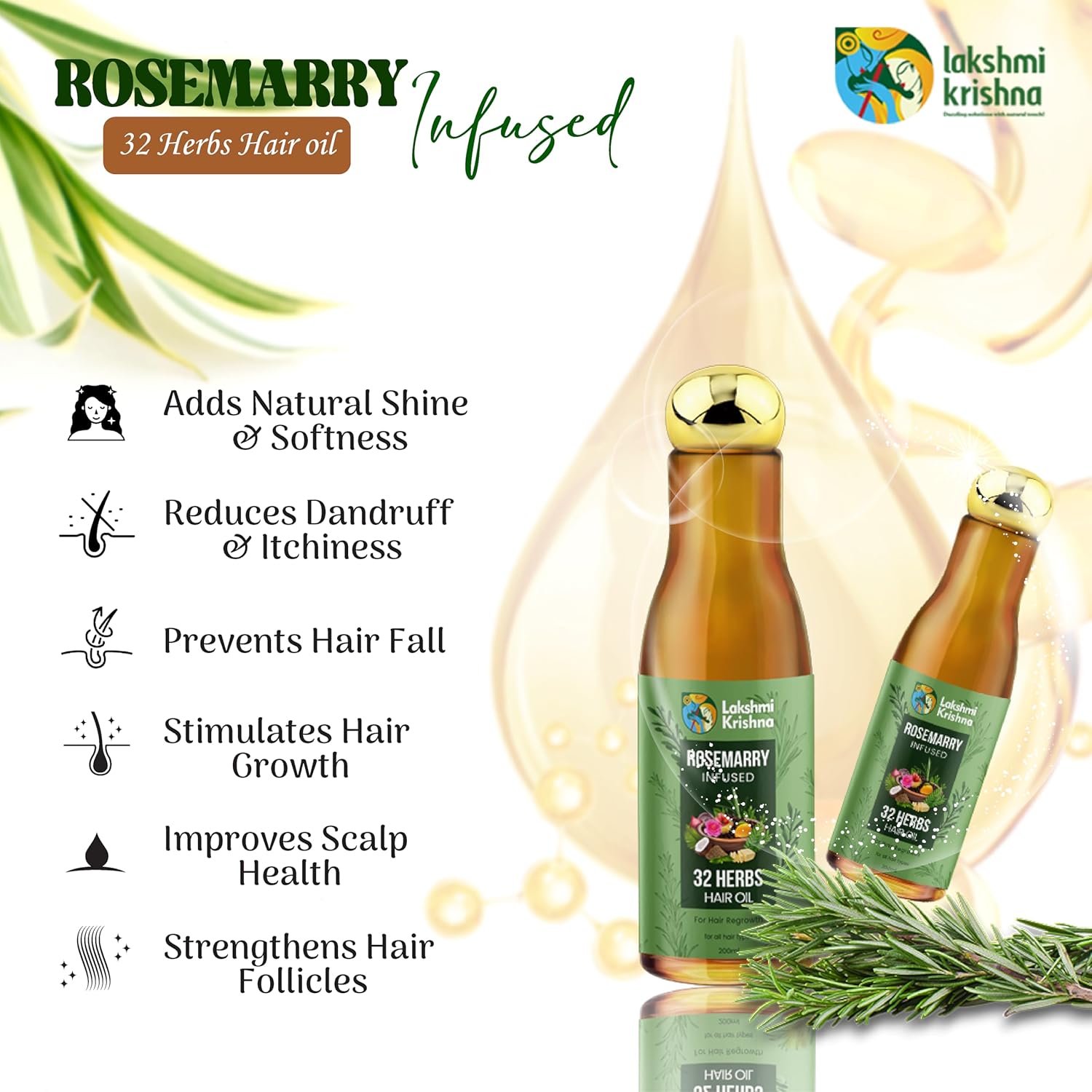 LAKSHMI KRISHNA NATURALS 32 Herbs Hair growth Oil 200ml | Natural Oil Blend for Stronger, Thicker Hair | Promotes Hair Growth & Reduces Hair Fall | Enriched with Ayurvedic Herbs" - View 3 of 5