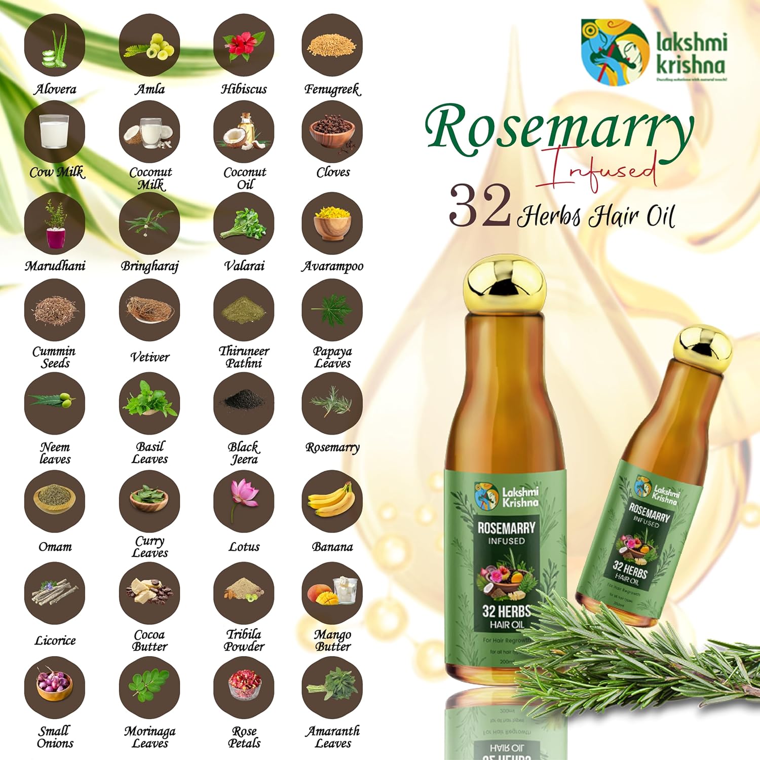 LAKSHMI KRISHNA NATURALS 32 Herbs Hair growth Oil 200ml | Natural Oil Blend for Stronger, Thicker Hair | Promotes Hair Growth & Reduces Hair Fall | Enriched with Ayurvedic Herbs" - View 5 of 5