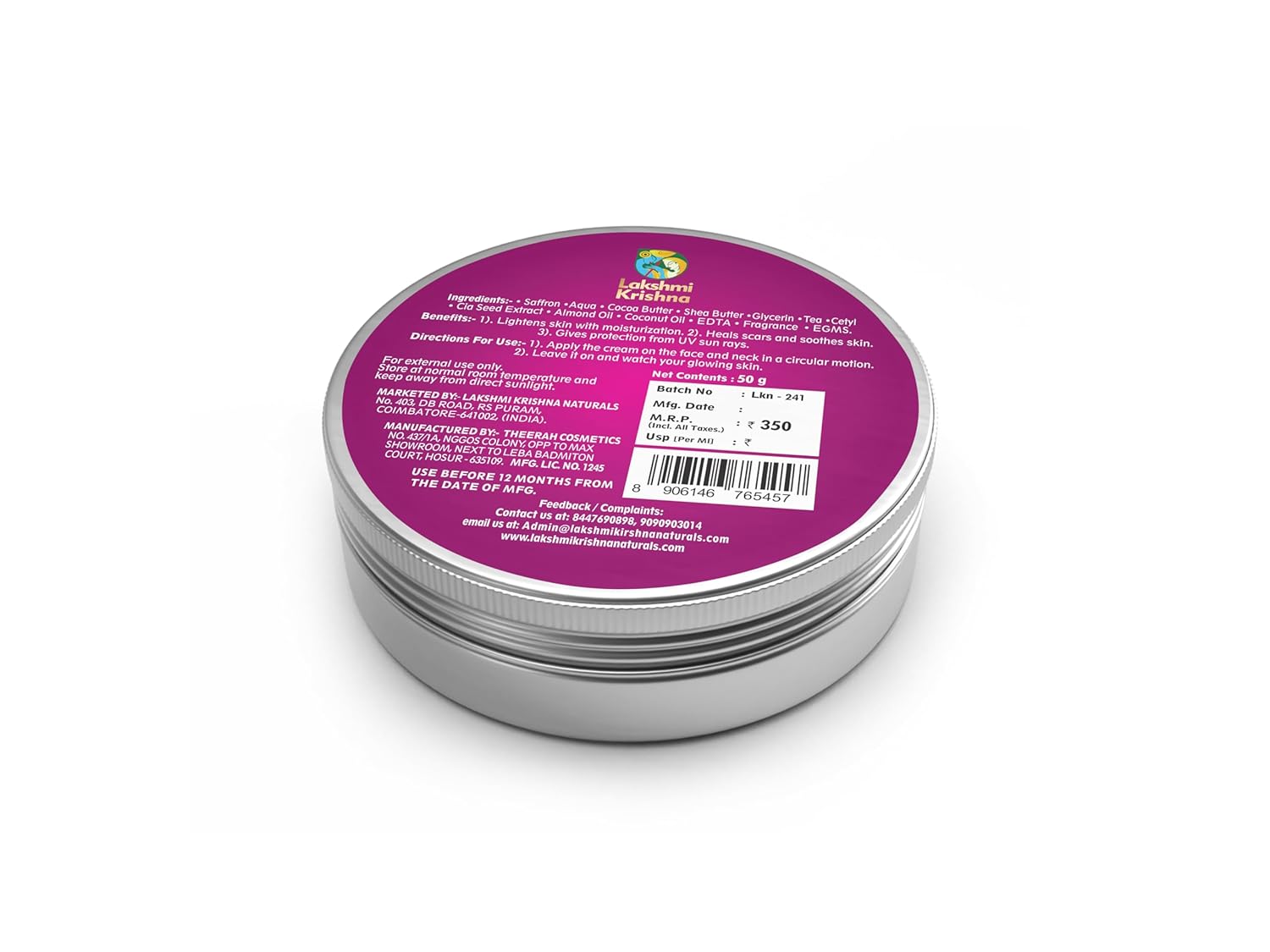 Lakshmi Krishna Natural Saffron Moisturizing Cream All Natural Nourishment|-50g - View 2 of 2