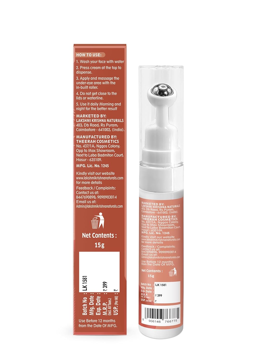 LAKSHMI KRISHNA NATURALS Under Eye Roll Cooling Under Eye Roll-On | Reduces Puffiness, Dark Circles & Fine Lines|Portable & Convenient|15ml pack - View 3 of 5