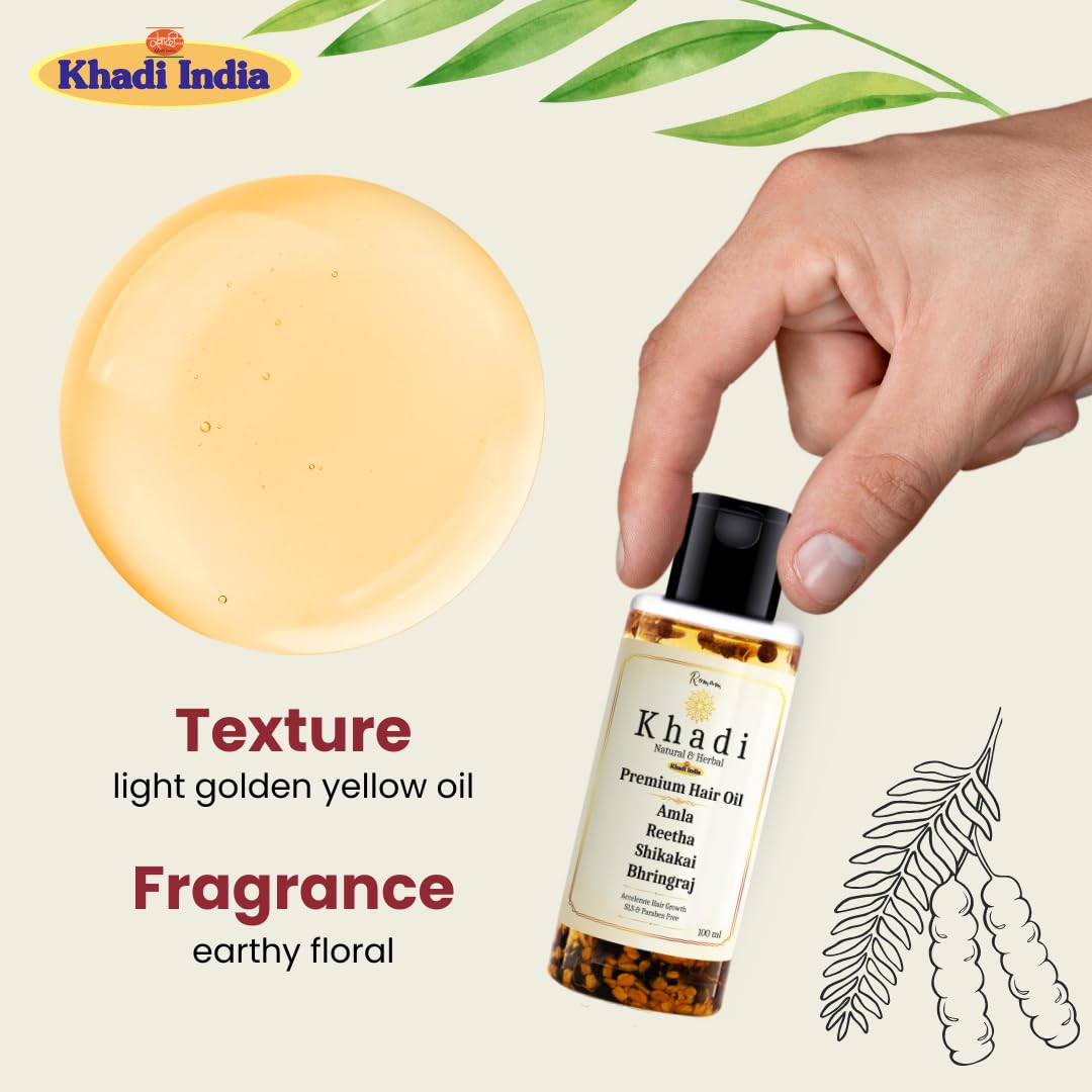 KHADI Amla, Reetha, Shikakai & Bhringraj Premium Hair Oil | Promotes Hair Growth & Reduces Dandruff | SLS & Paraben Free 100 ML - View 6 of 7