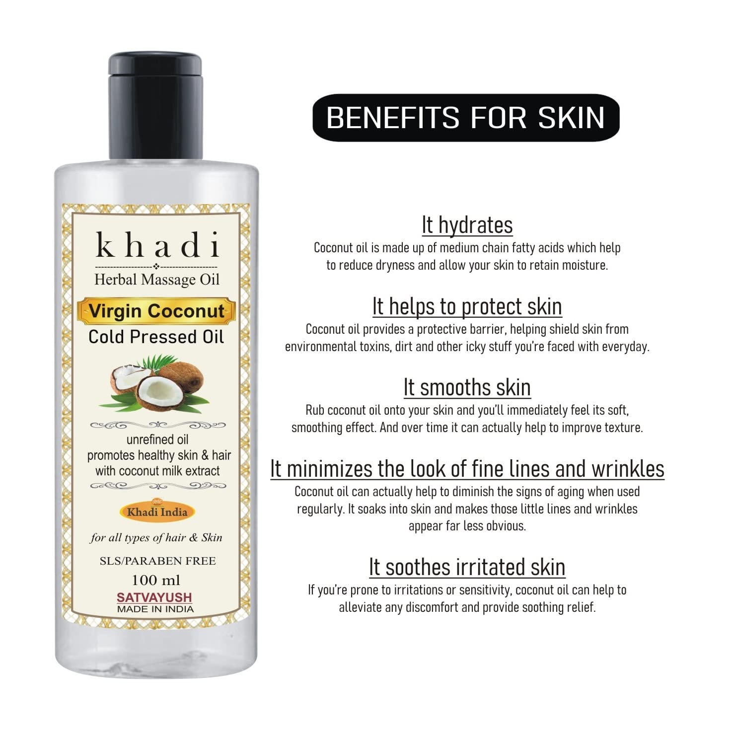 Khadi Extra Virgin Cold Pressed Coconut Oil - For Skin, Hair Care & Baby Massage Natural Hair Oil - 100 ml (Pack of 1) - View 2 of 3
