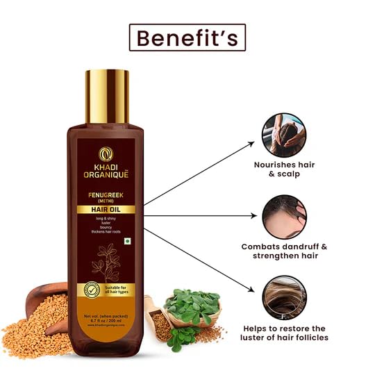 KHADI ORGANIQUE Fenugreek Hair Oil | For Hair Growth & Thickness | Reduces HairFall, Dandruff, Baldness & Itchiness | Nourishes Roots, Adds Shine & Helps to Prevents Premature Greying - 200 ml - View 6 of 8