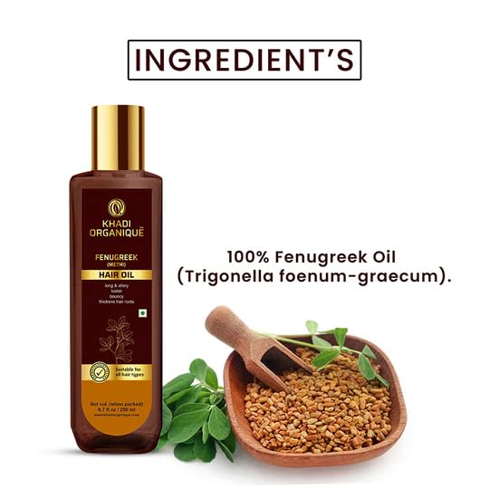 KHADI ORGANIQUE Fenugreek Hair Oil | For Hair Growth & Thickness | Reduces HairFall, Dandruff, Baldness & Itchiness | Nourishes Roots, Adds Shine & Helps to Prevents Premature Greying - 200 ml - View 7 of 8