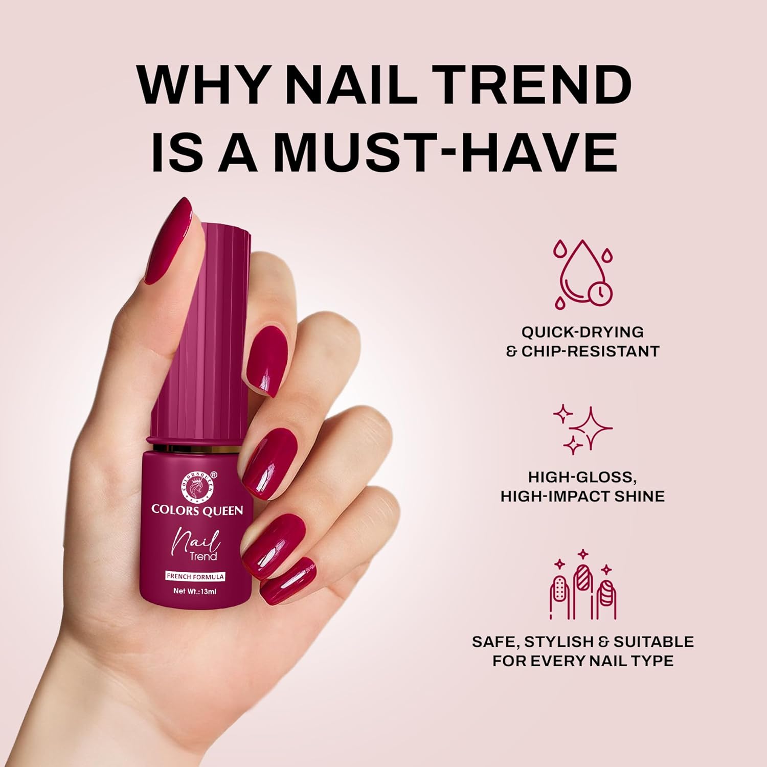 Colors Queen Nail Trend Glossy Nail Polish | Chip Resisting & Quick Drying Nail Paint with High Shine | 7 Toxin Free Formula | Vegan & Cruelty Free | Long Lasting & Vibrant Nail Paint for Women (Amaranh Red, 13ml) - View 4 of 5