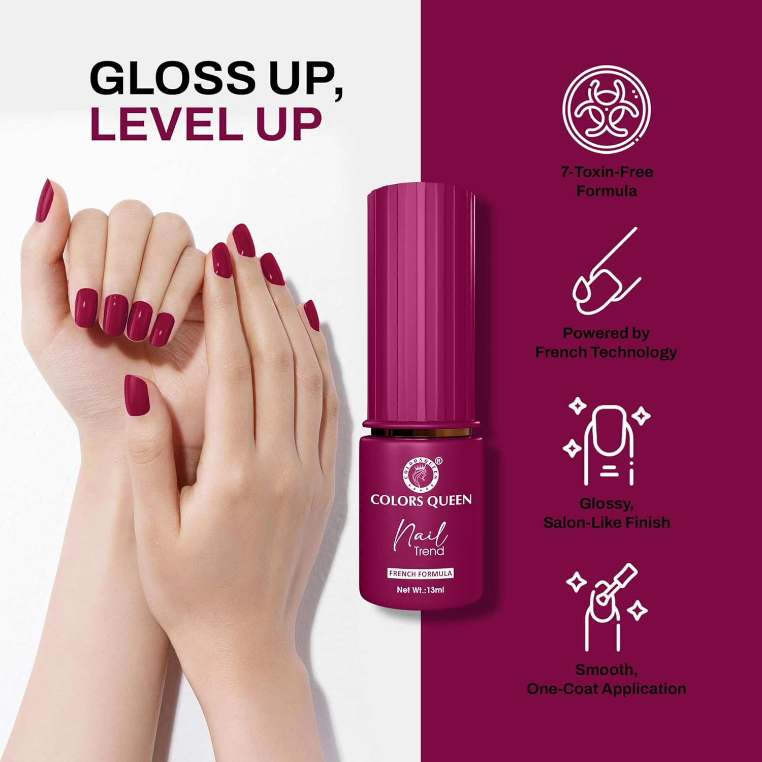 Colors Queen Nail Trend Glossy Nail Polish | Chip Resisting & Quick Drying Nail Paint with High Shine | 7 Toxin Free Formula | Vegan & Cruelty Free | Long Lasting & Vibrant Nail Paint for Women (Amaranh Red, 13ml) - View 5 of 5