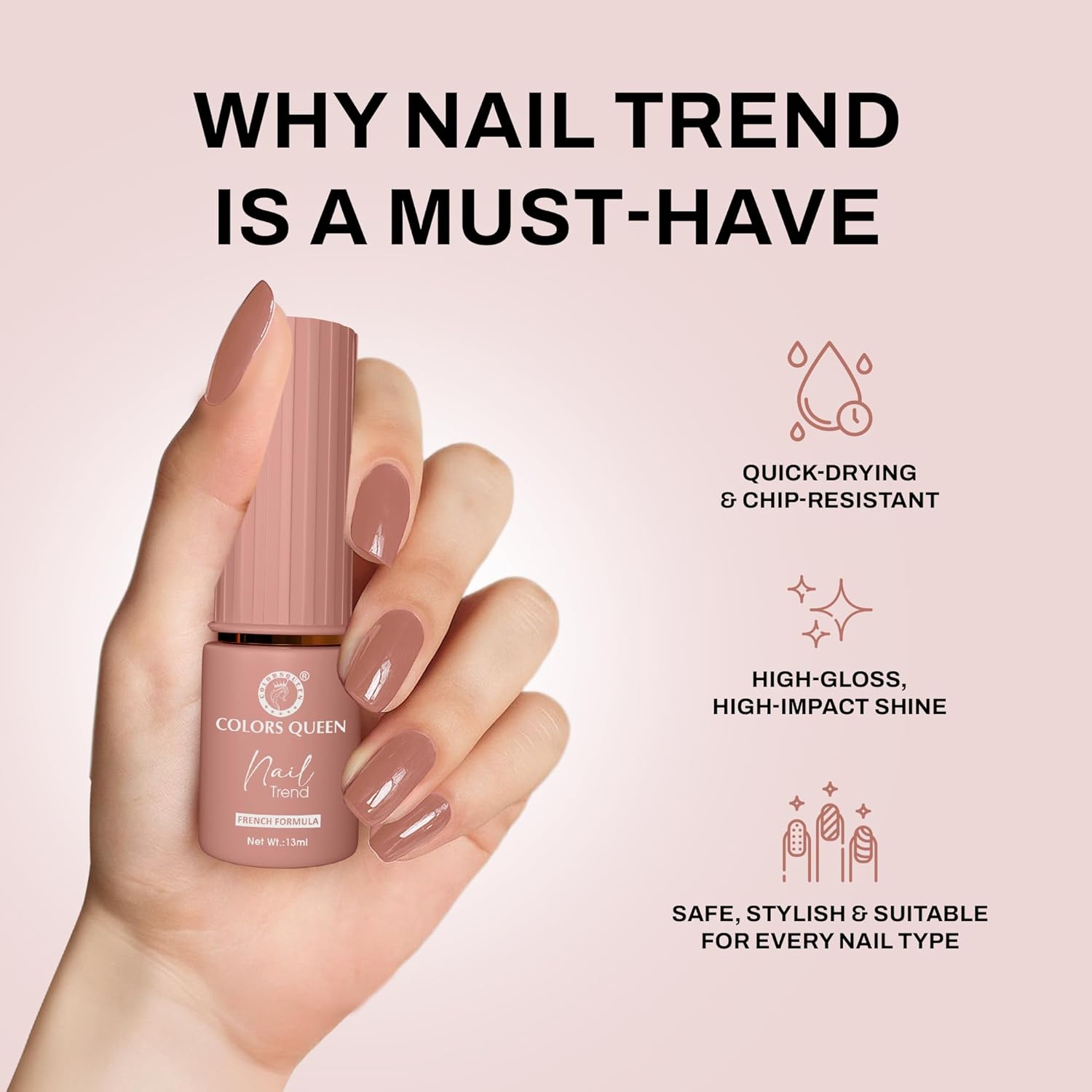 Colors Queen Nail Trend Glossy Nail Polish | Chip Resisting & Quick Drying Nail Paint with High Shine | 7 Toxin Free Formula | Vegan & Cruelty Free | Long Lasting & Vibrant Nail Paint for Women (Raw Seinna, 13ml) - View 4 of 5