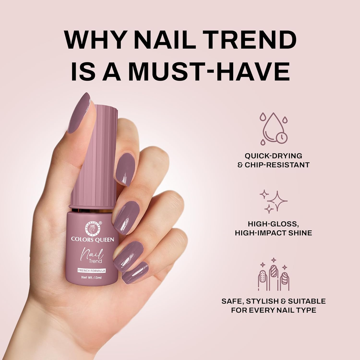 Colors Queen Nail Trend Glossy Nail Polish | Chip Resisting & Quick Drying Nail Paint with High Shine | 7 Toxin Free Formula | Vegan & Cruelty Free | Long Lasting & Vibrant Nail Paint for Women (Sweet Tart, 13ml) - View 4 of 5