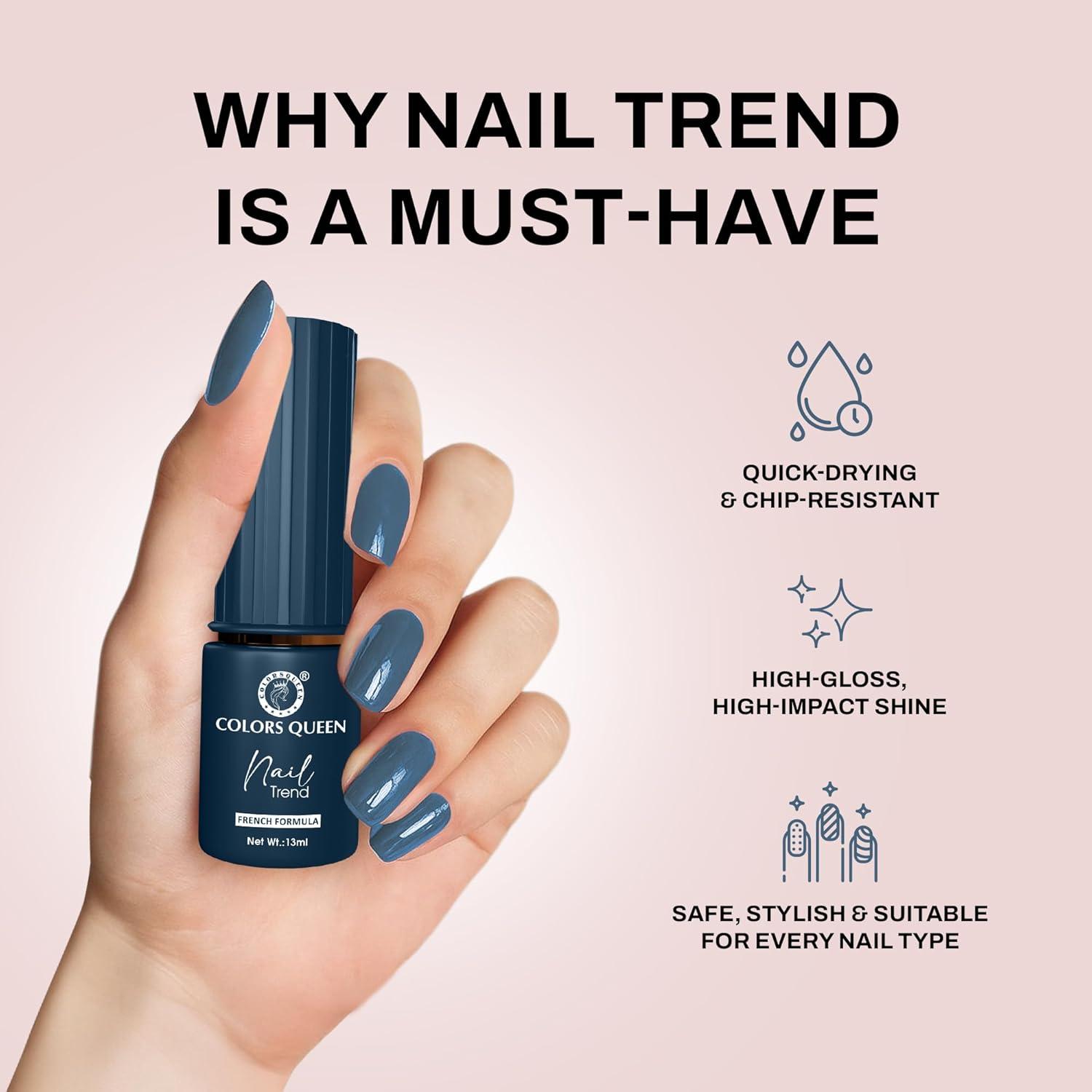 Colors Queen Nail Trend Glossy Nail Polish | Chip Resisting & Quick Drying Nail Paint with High Shine | 7 Toxin Free Formula | Vegan & Cruelty Free | Long Lasting & Vibrant Nail Paint for Women (Cataline, 13ml) - View 3 of 4