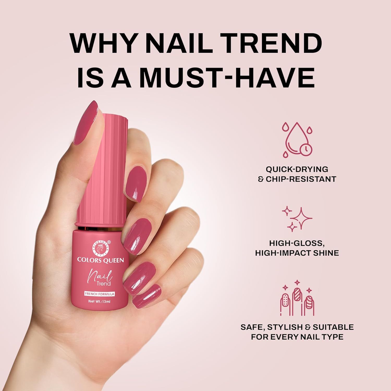 Colors Queen Nail Trend Glossy Nail Polish | Chip Resisting & Quick Drying Nail Paint with High Shine | 7 Toxin Free Formula | Vegan & Cruelty Free | Long Lasting & Vibrant Nail Paint for Women (Cerise, 13ml) - View 4 of 5