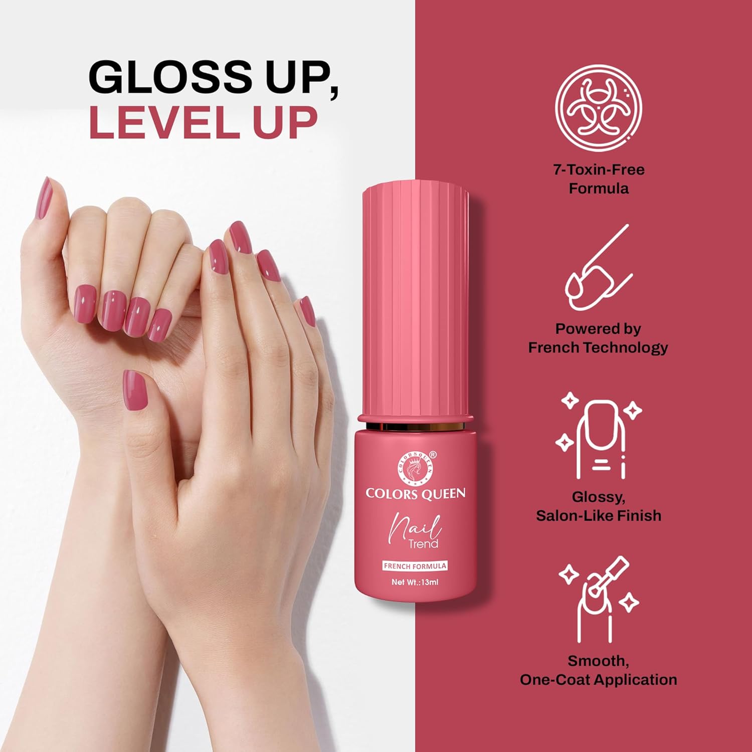 Colors Queen Nail Trend Glossy Nail Polish | Chip Resisting & Quick Drying Nail Paint with High Shine | 7 Toxin Free Formula | Vegan & Cruelty Free | Long Lasting & Vibrant Nail Paint for Women (Cerise, 13ml) - View 5 of 5