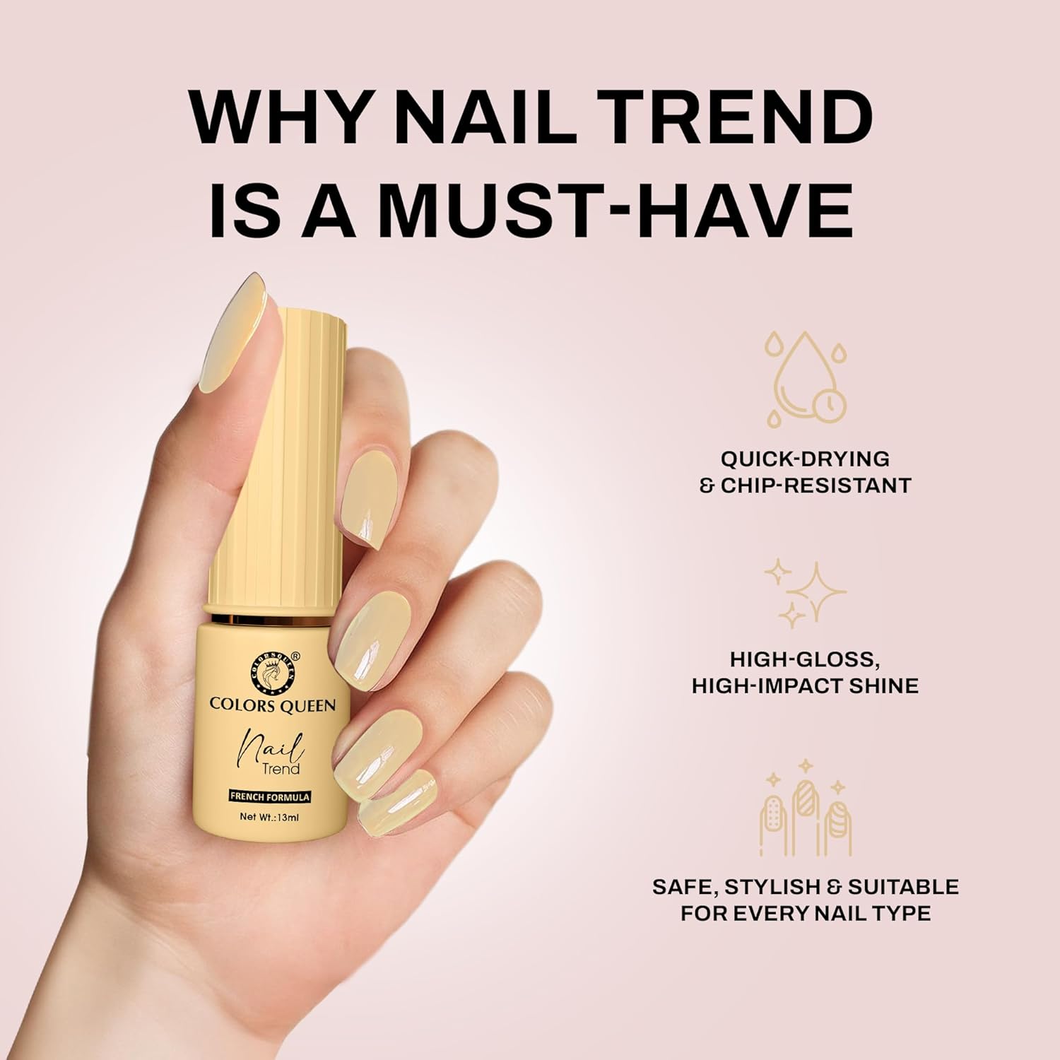 Colors Queen Nail Trend Glossy Nail Polish | Chip Resisting & Quick Drying Nail Paint with High Shine | 7 Toxin Free Formula | Vegan & Cruelty Free | Long Lasting & Vibrant Nail Paint for Women (Cream N Sugar, 13ml) - View 4 of 5