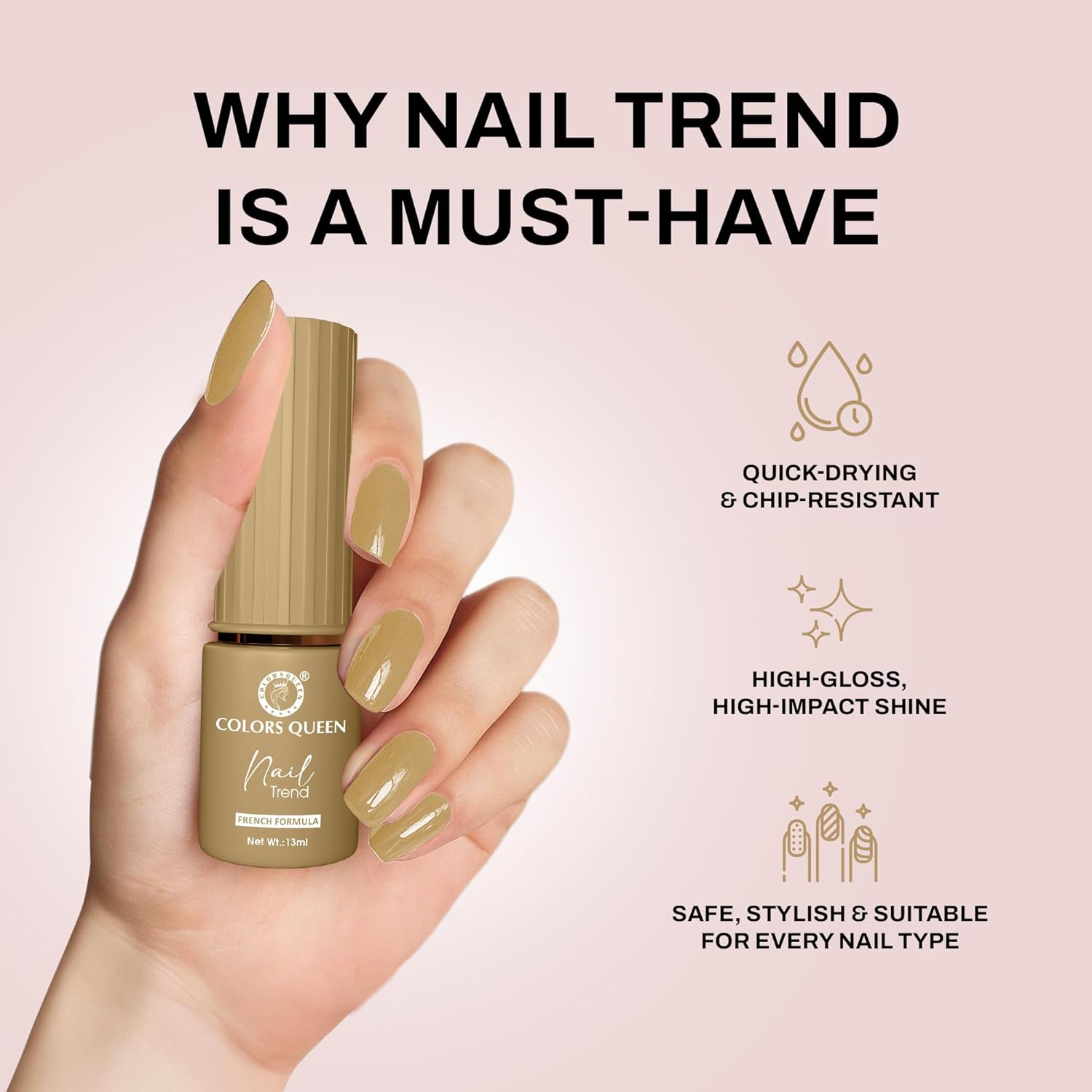 Colors Queen Nail Trend Glossy Nail Polish | Chip Resisting & Quick Drying Nail Paint with High Shine | 7 Toxin Free Formula | Vegan & Cruelty Free | Long Lasting & Vibrant Nail Paint for Women (Golden Hour, 13ml) - View 4 of 5