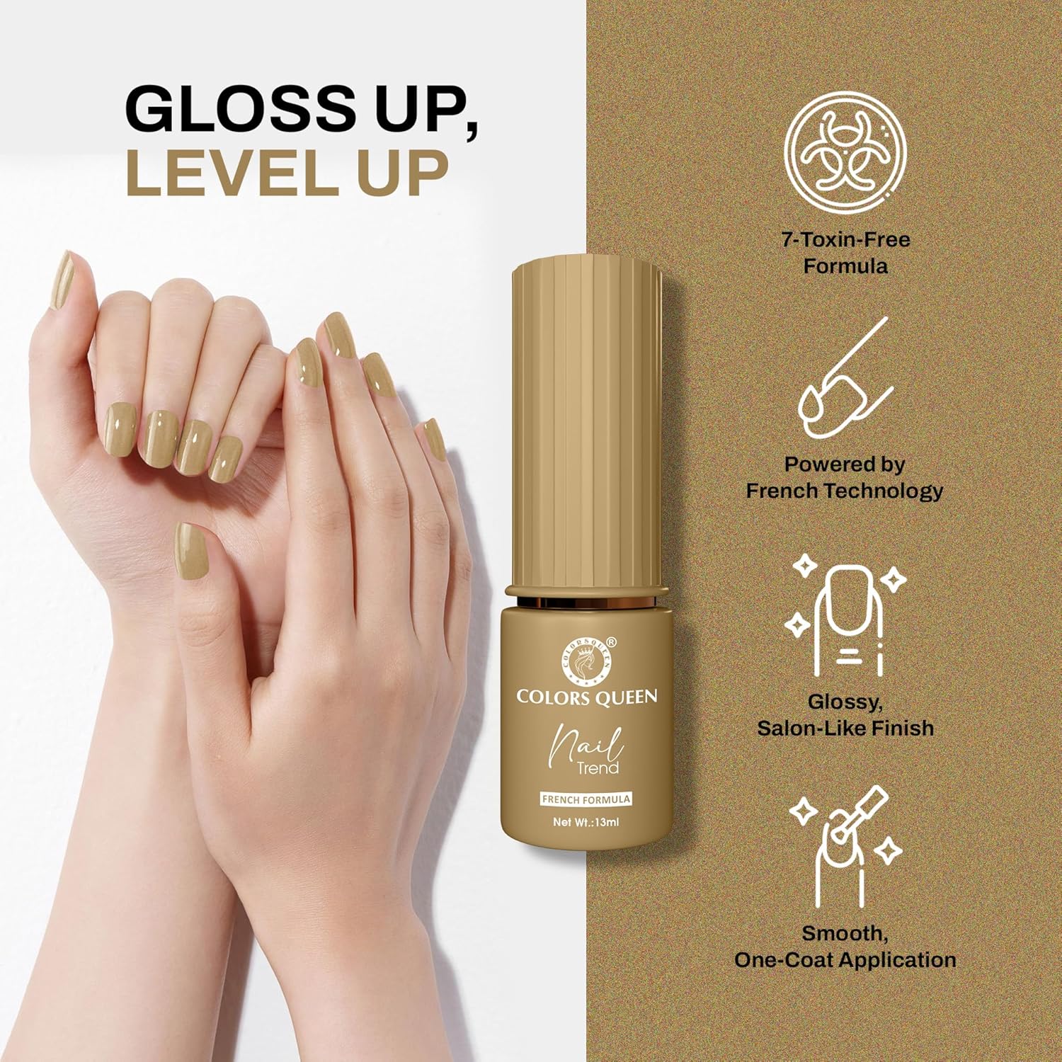 Colors Queen Nail Trend Glossy Nail Polish | Chip Resisting & Quick Drying Nail Paint with High Shine | 7 Toxin Free Formula | Vegan & Cruelty Free | Long Lasting & Vibrant Nail Paint for Women (Golden Hour, 13ml) - View 5 of 5