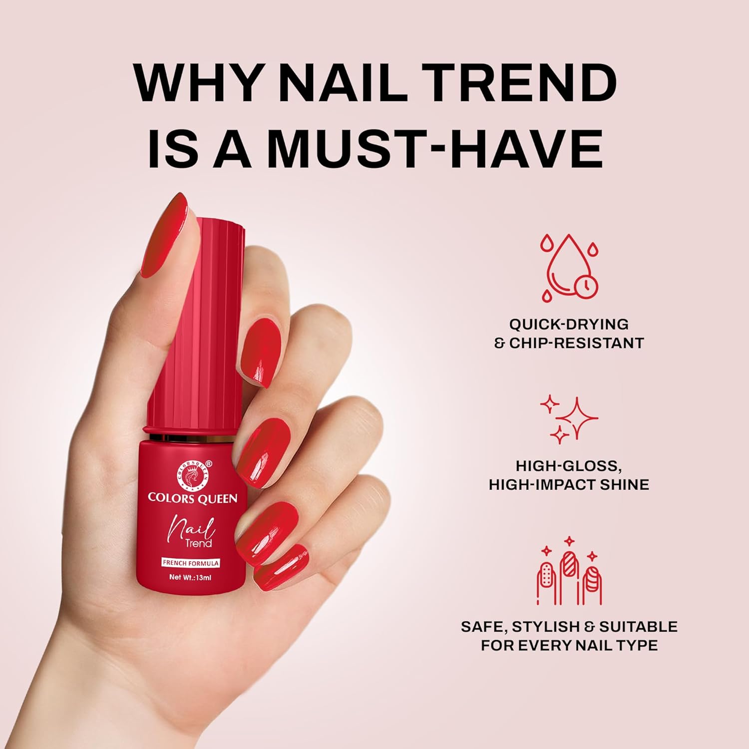 Colors Queen Nail Trend Glossy Nail Polish | Chip Resisting & Quick Drying Nail Paint with High Shine | 7 Toxin Free Formula | Vegan & Cruelty Free | Long Lasting & Vibrant Nail Paint for Women (Toreador, 13ml) - View 4 of 5