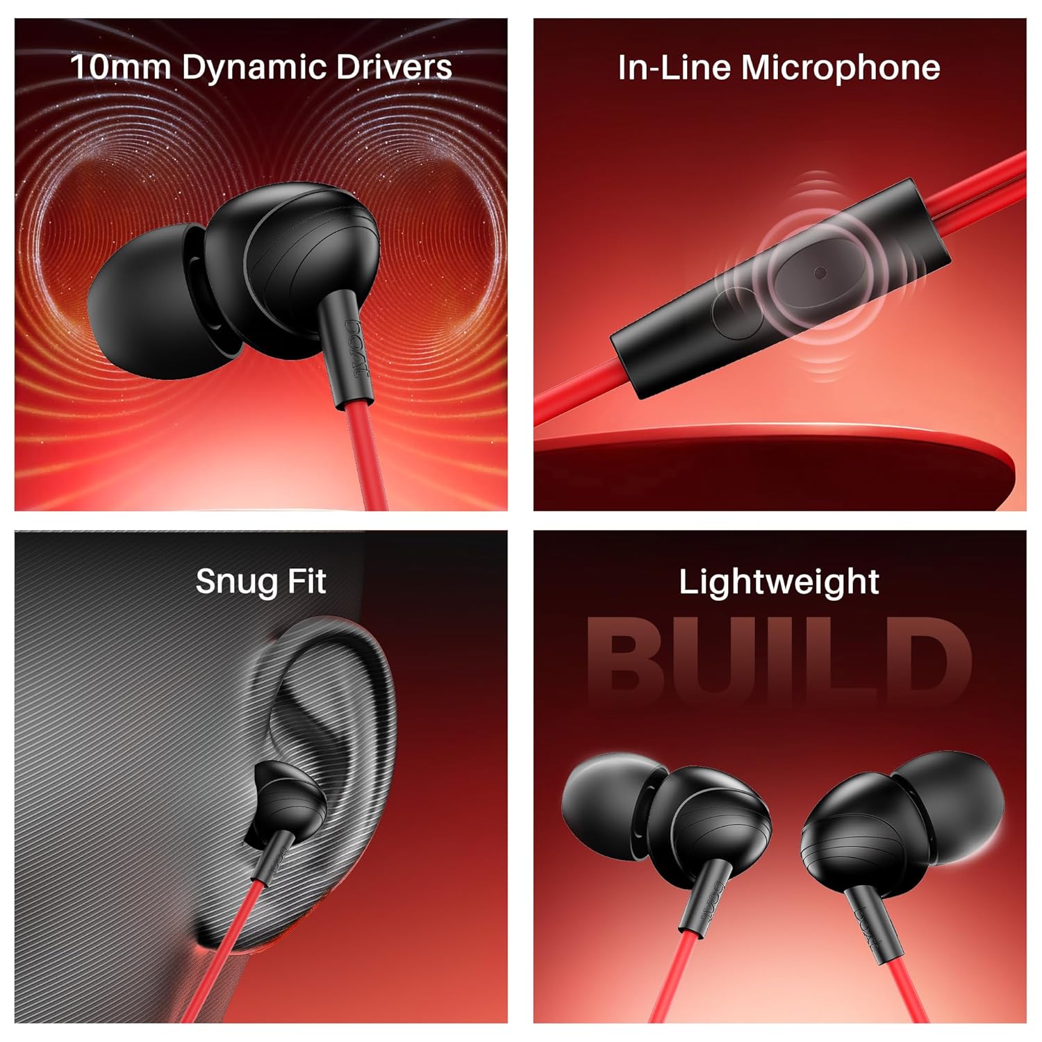 Boat Bassheads 211 Wired Earphones with 10mm Drivers, Signature Sound, in-Line Microphone, 3.5mm Jack, Voice Assistant & 120cm Cables (Raging Black) - View 6 of 6