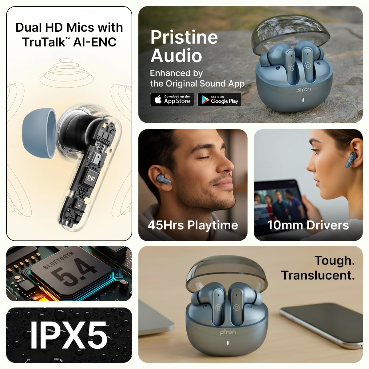 pTron Bassbuds Indie in-Ear TWS Earbuds w/ 10mm Drivers, 45Hrs Playtime, Dual HD Mic & AI-ENC Calls, Custom EQ, Mobile App, Bluetooth V5.4 Earphones, Voice Assistant, Type C Charging & IPX5 (Gray) - View 6 of 6