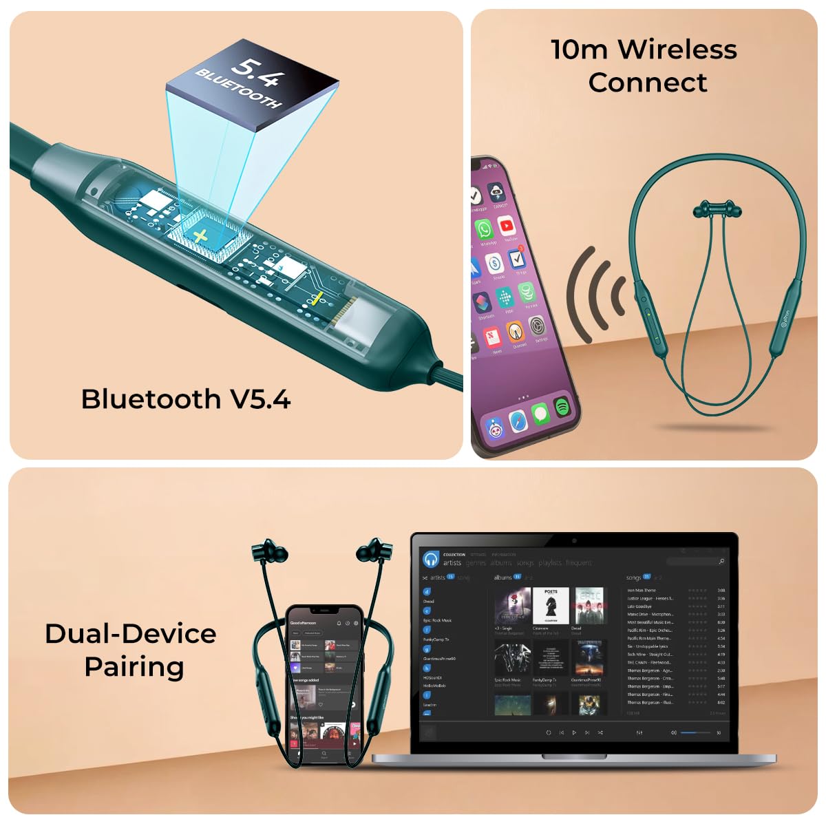 pTron Tangent Rush w/ 50Hrs Playtime, Pristine Sound, Dual-Device Pairing, Bluetooth 5.4 Wireless in-Ear Earphones with Mic, Voice Assistant, Type-C Fast Charging & IPX5 Water Resistant (Forest Green) - View 2 of 5