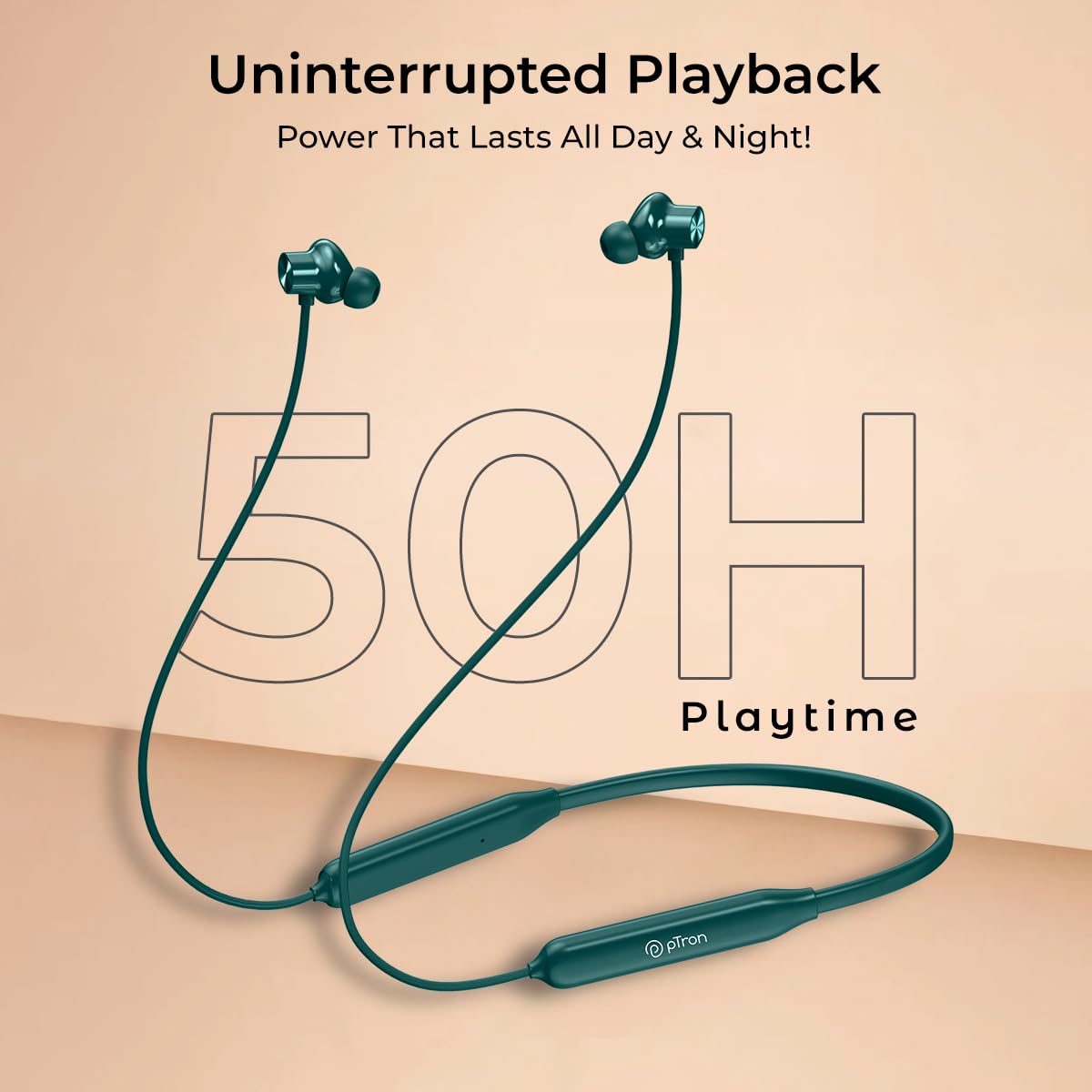 pTron Tangent Rush w/ 50Hrs Playtime, Pristine Sound, Dual-Device Pairing, Bluetooth 5.4 Wireless in-Ear Earphones with Mic, Voice Assistant, Type-C Fast Charging & IPX5 Water Resistant (Forest Green) - View 5 of 5