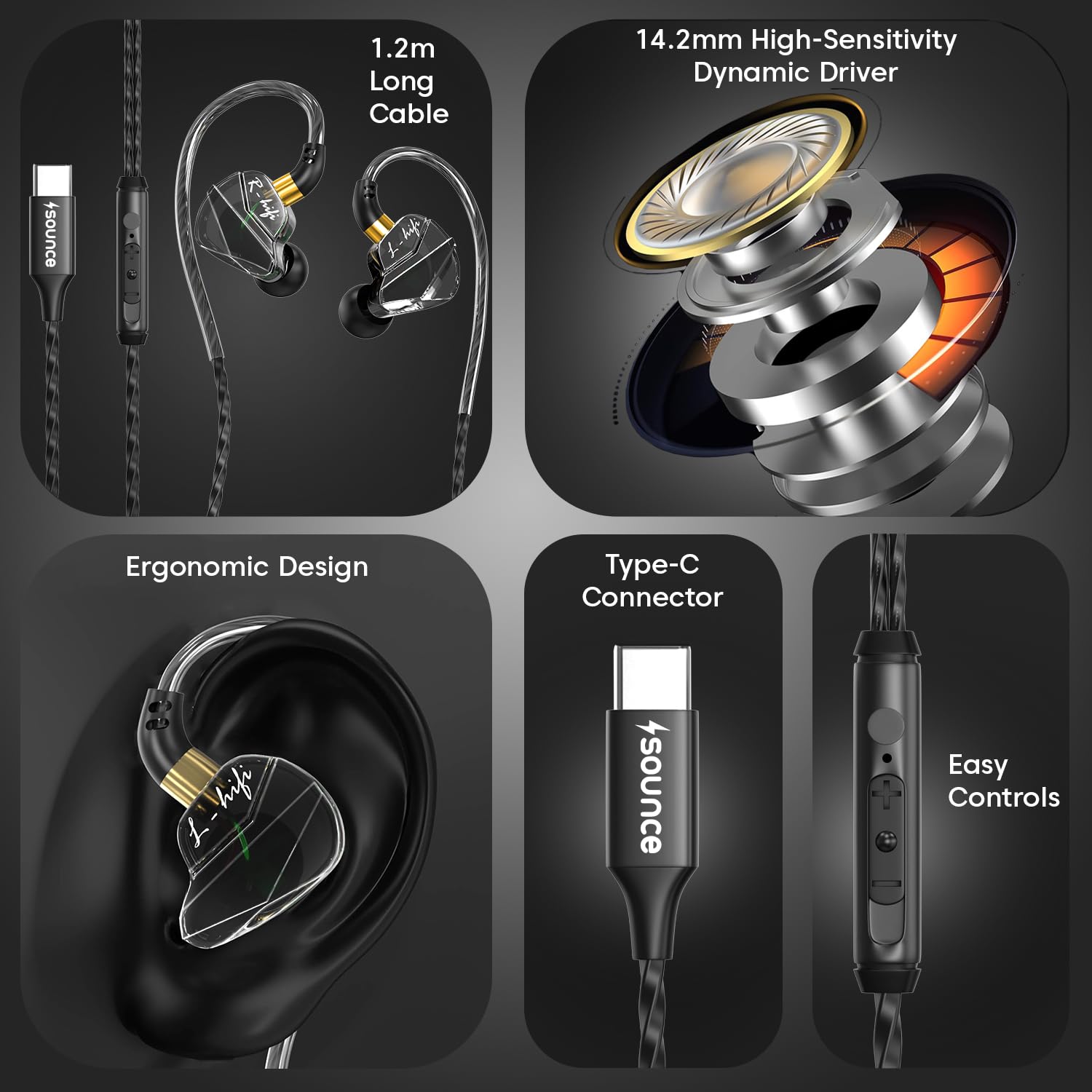 Sounce BassEngine Type-C In Ear Wired Earphones 14.2mm Dynamic Driver HD Mic Ergonomic Earbuds Anti Tangle TPE Cable In Line Music Call Controls Deep Bass Clear Sound for Everyday Use ProSeries(Black) - View 5 of 5