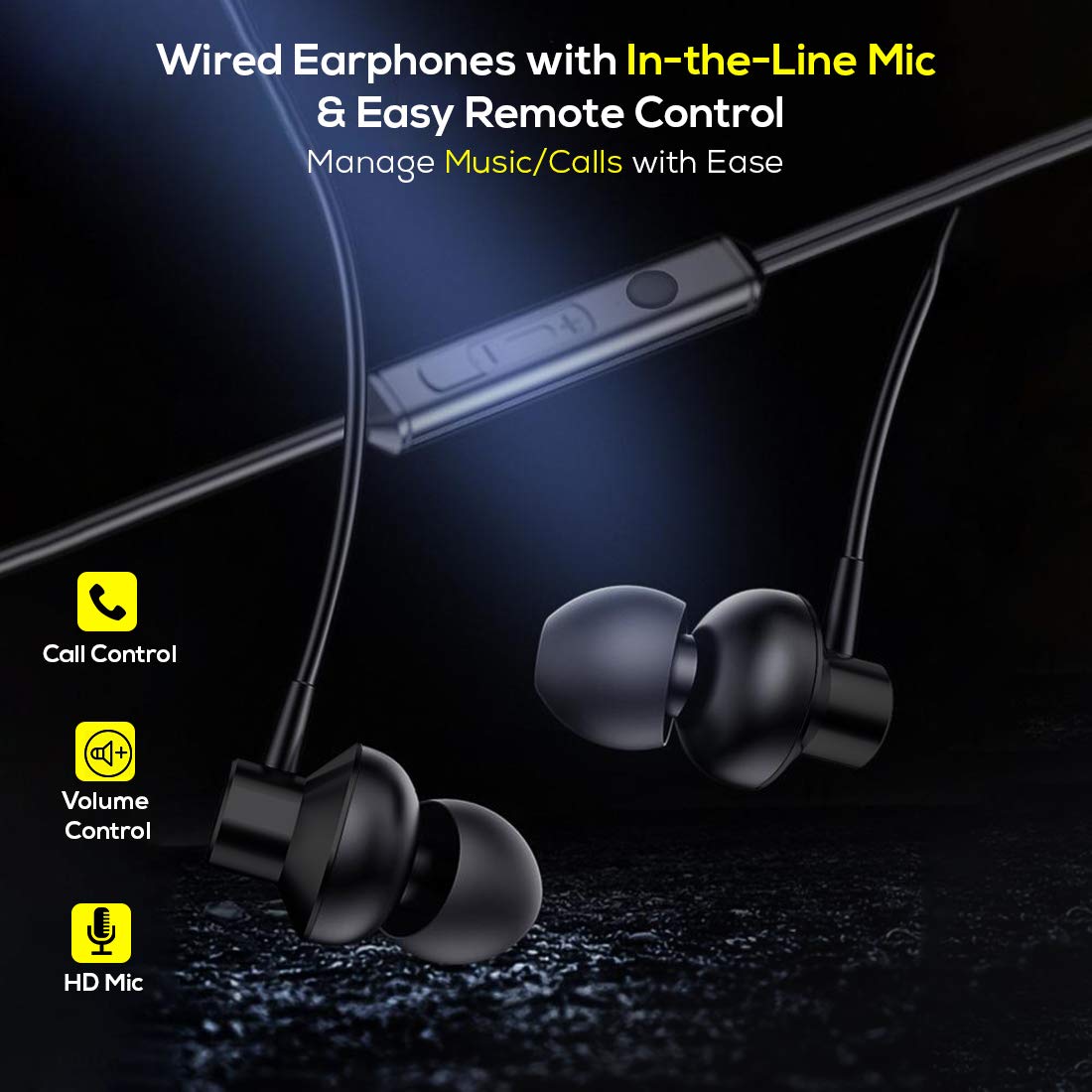 pTron Pride Lite in-Ear Wired in Ear Earphones with in-line Mic, 10mm Driver, Immersive Sound, Metal Buds, Compatible with 3.5mm Aux Port Device & 1.2m Tangle-Free Cable (Metallic Black) - View 2 of 5