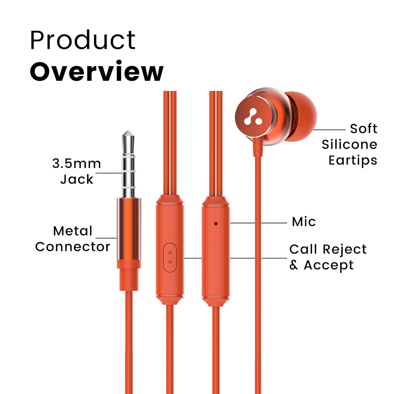 Ambrane Stringz 38 Wired Headphones with Mic, Powerful HD Sound with High Bass, Tangle Free Cable, Comfort in Ear Fit, 3.5mm Jack (Amber Orange) - View 4 of 5