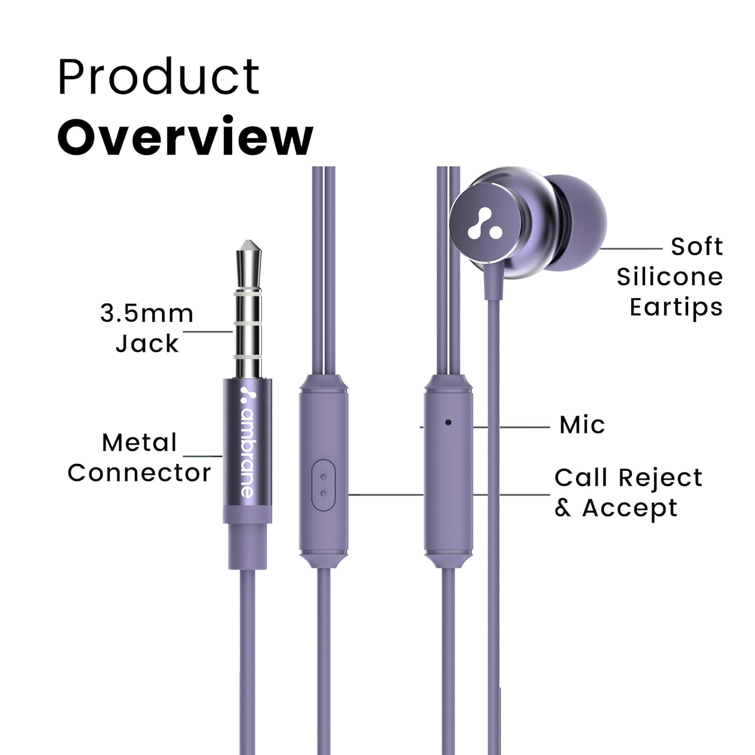 Ambrane Stringz 38 Wired Headphones with Mic, Powerful HD Sound with High Bass, Tangle Free Cable, Comfort in Ear Fit, 3.5mm Jack (Purple) - View 2 of 5