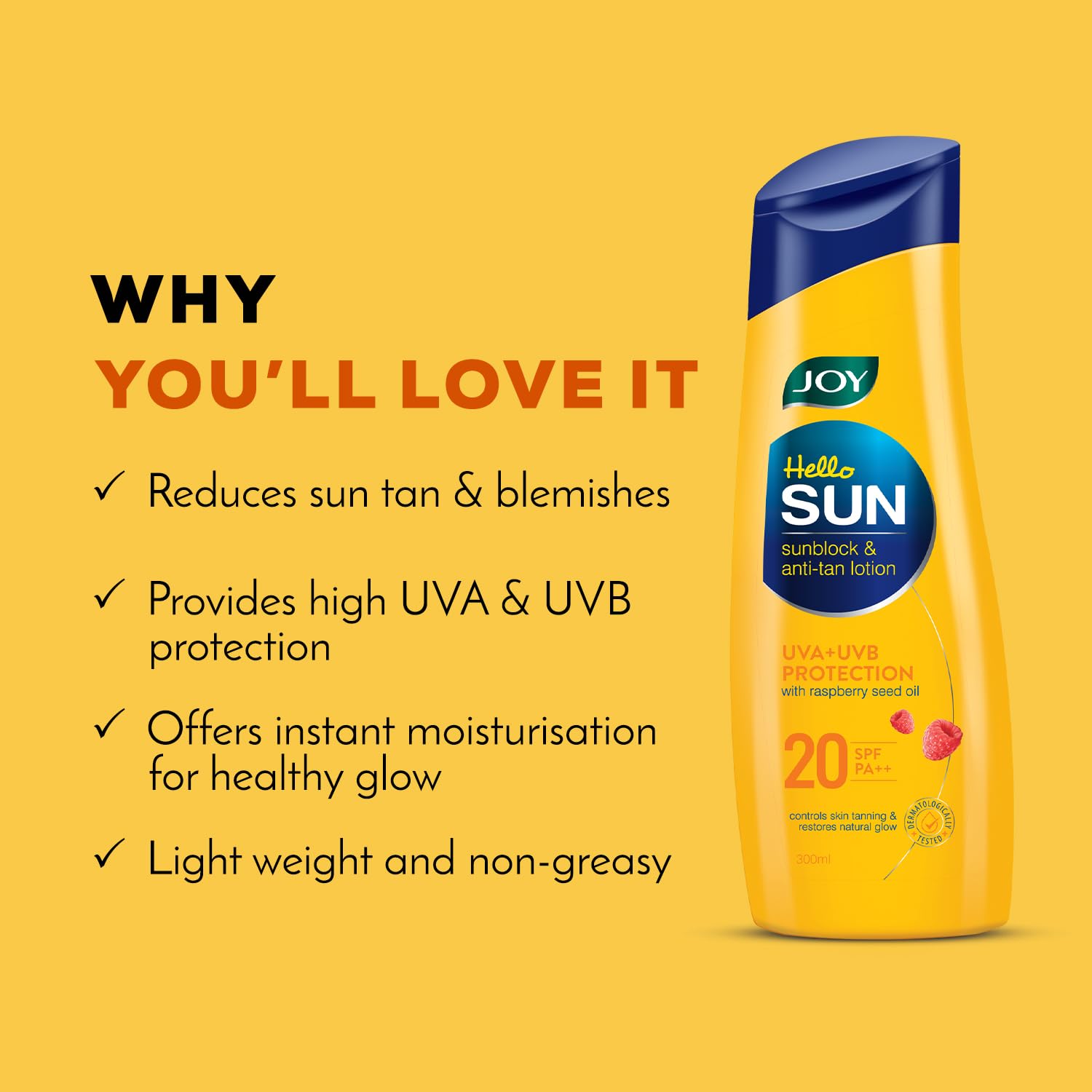 Joy Hello Sun Body Sunscreen Lotion SPF 20 PA++ (300ml x 2) INVIVO Tested, For Tan Control & Body Moisturization | Lightweight, Zero White Cast & Easy Absorption | For Normal to Oily Skin | - View 2 of 4