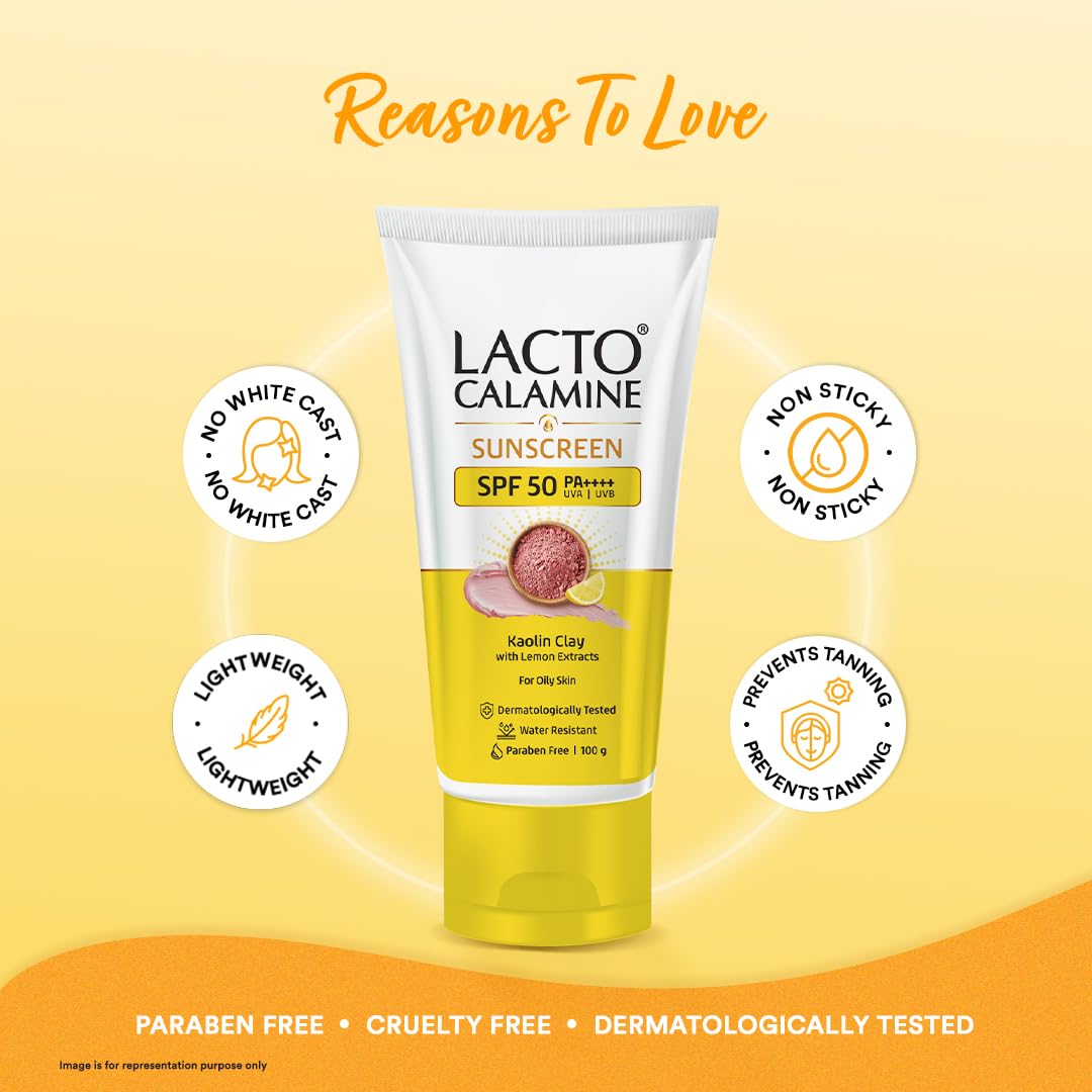 Lacto Calamine Sunscreen SPF 50 | 100g | PA +++ Sunscreen For Oily Skin | UVA – UVB | Water Resistant & No White Cast | With Kaolin Clay, Vitamin E & Lemon Extracts | Paraben Free - View 2 of 5