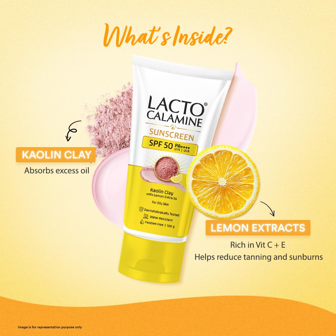 Lacto Calamine Sunscreen SPF 50 | 100g | PA +++ Sunscreen For Oily Skin | UVA – UVB | Water Resistant & No White Cast | With Kaolin Clay, Vitamin E & Lemon Extracts | Paraben Free - View 3 of 5